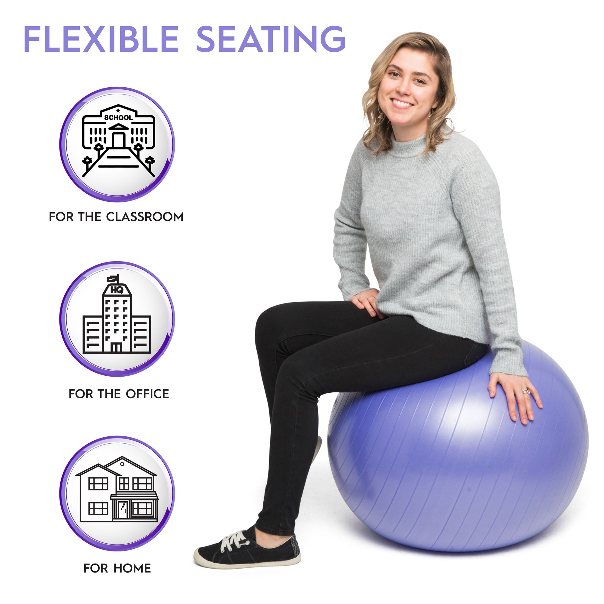 Bouncyband® 65cm Vibrant Purple Balance Ball - Exercise Stability Ball for Home & Office, Improve Posture & Focus - Perfect for Yoga, Pilates, and Active Sitting at Work or School