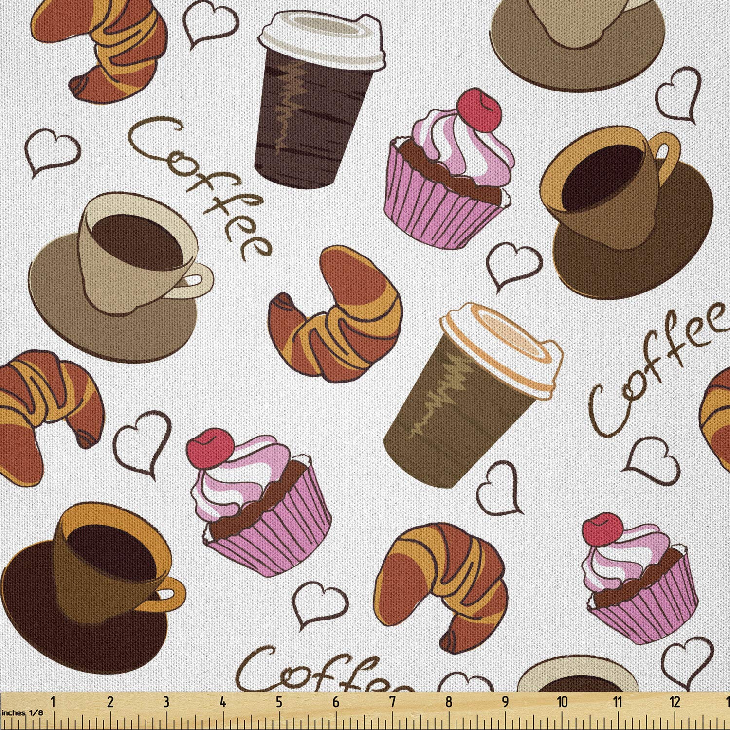 Lunarable Coffee-Themed Fabric by The Yard - Cherry Cupcake Croissant Print Microfiber Textile for DIY Crafts, Home Decor & Sewing Projects (10 Yards, Brown) | Perfect for American Breakfast Culture Inspired Crafts, Table Runners & Kitchen Decorations