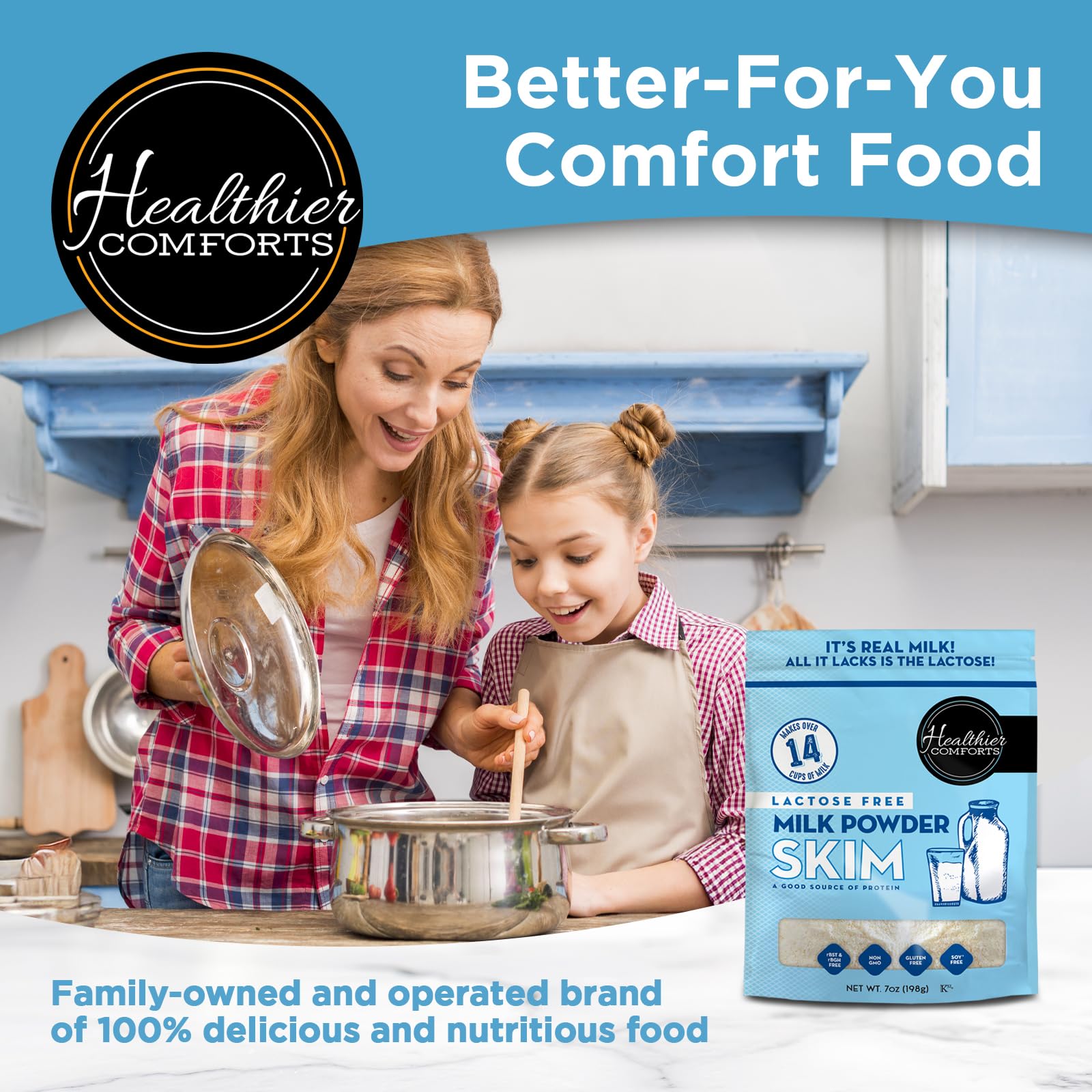 Lactose Free Skim Milk Powder - High Protein, Fat Free, Non-GMO, rBST Hormone Free, Kosher, Gluten Free | Perfect for Baking, Coffee Creamer, Protein Shakes & Smoothies | Makes 14 Cups (7 oz) | Healthy Dairy Alternative for Weight Loss & Fitness