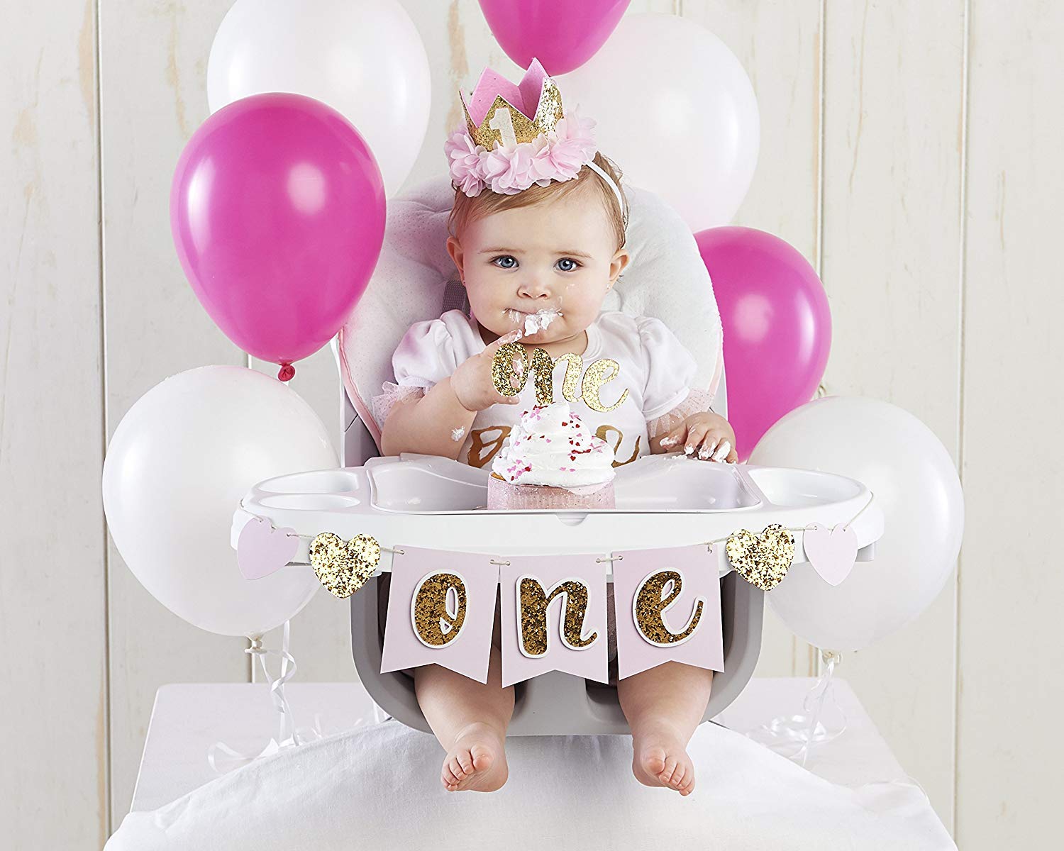 Kate Aspen Gold Glitter 1st Birthday Party Decorations Kit - Baby Girl/Boy First Birthday Banner, Cake Topper & Balloons - Perfect for Birthday Photoshoot & Milestone Celebration