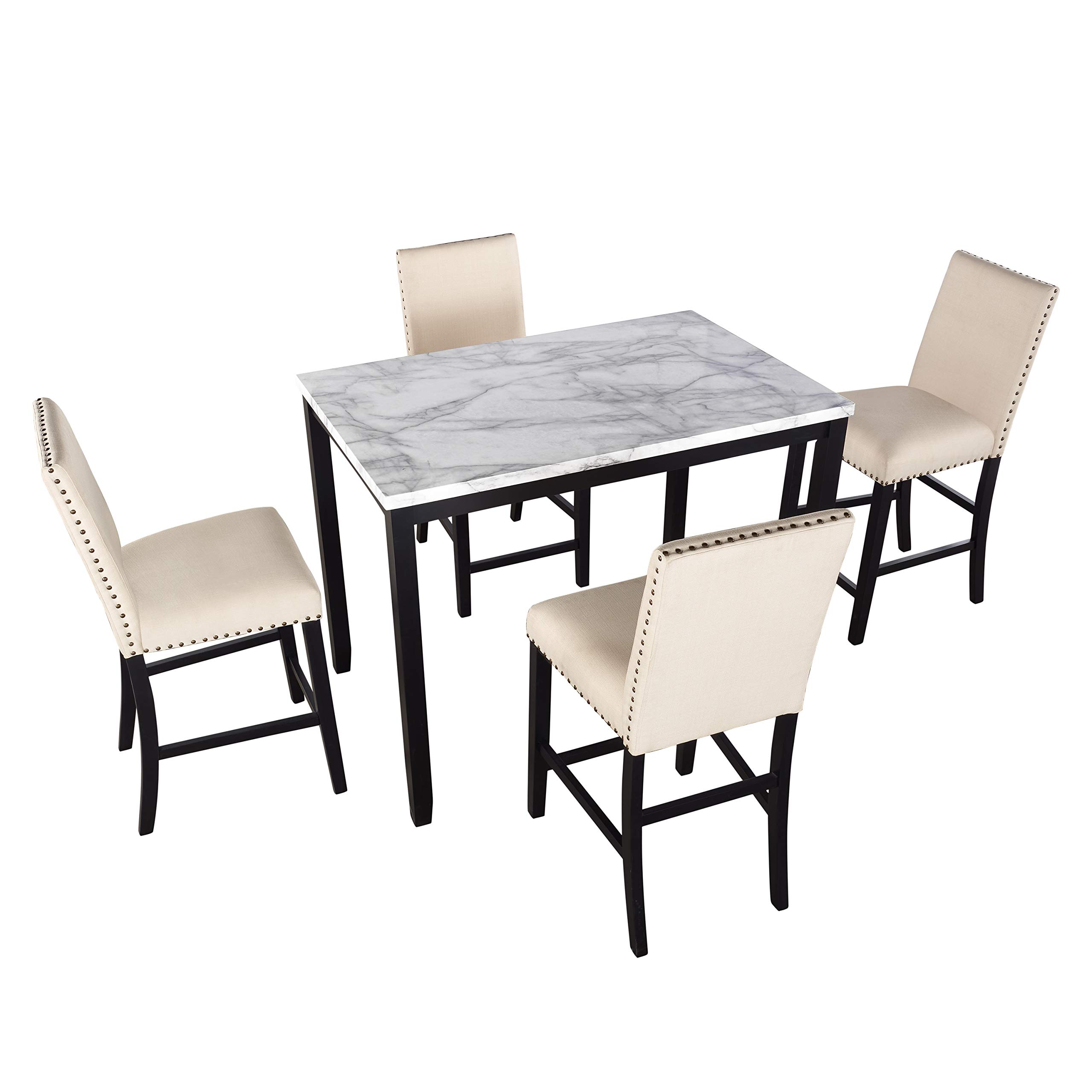 5-Piece Modern Counter Height Dining Set with High-Back Chairs & Marble Veneer Table - Beige Fabric Kitchen Pub Table for Small Spaces, Breakfast Nooks & Apartment Dining | Perfect for Entertaining, Family Meals & Compact Homes