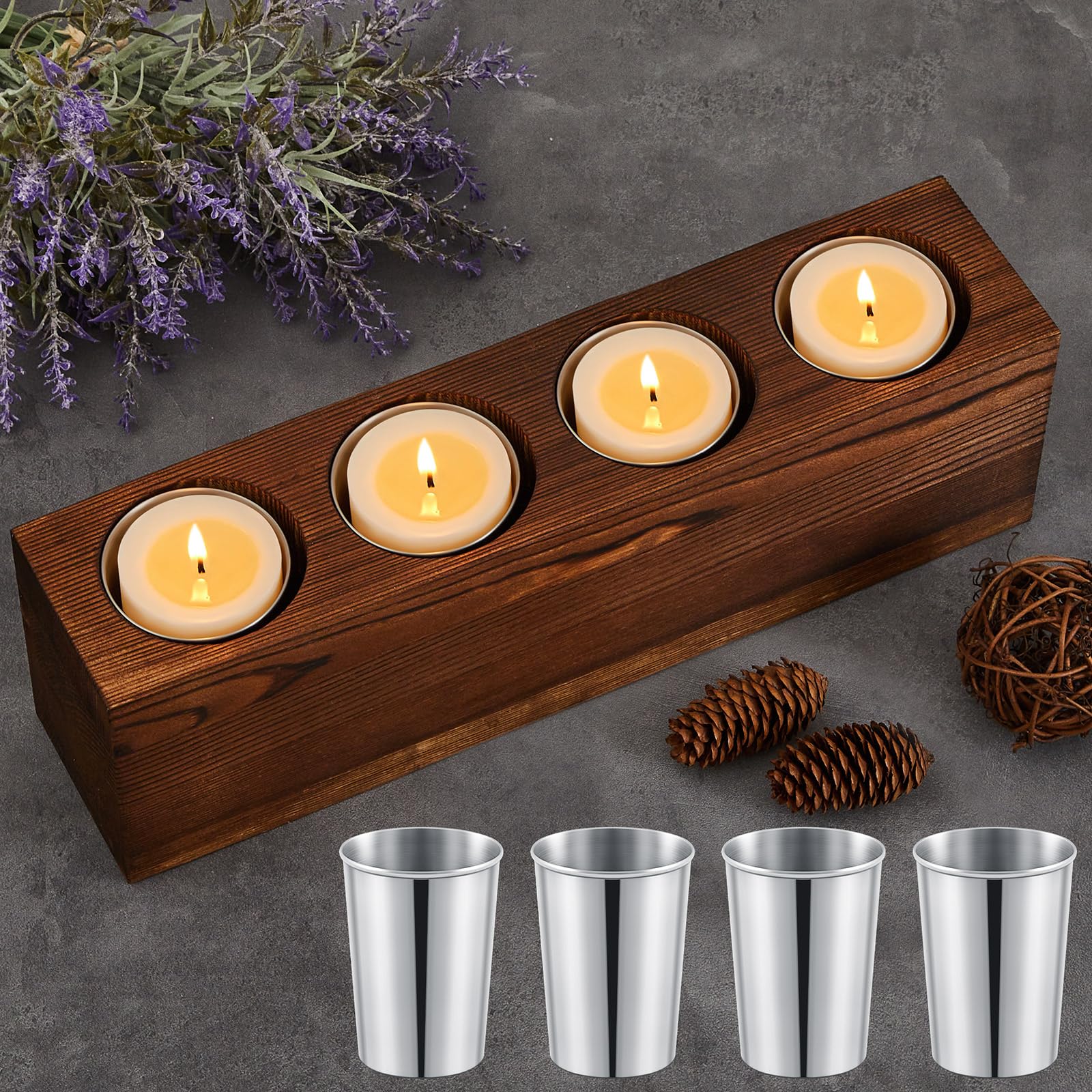 Rustic Farmhouse Wooden Christmas Candle Holder with 4 Stainless Steel Candle Molds - Perfect for Holiday Tables, Centerpieces, and Succulent Planters | Great for Christmas Decor, Weddings & Farmhouse Style Homes