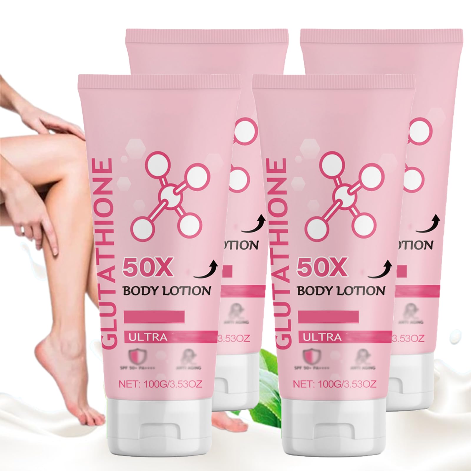 Glutathione 50x Body Lotion - Skin Brightening & Moisturizing Cream for All Skin Types (4 Pack) | Lighten Dark Spots, Even Skin Tone & Hydrate Dry Skin - Perfect for Daily Body Care & Nighttime Skin Repair