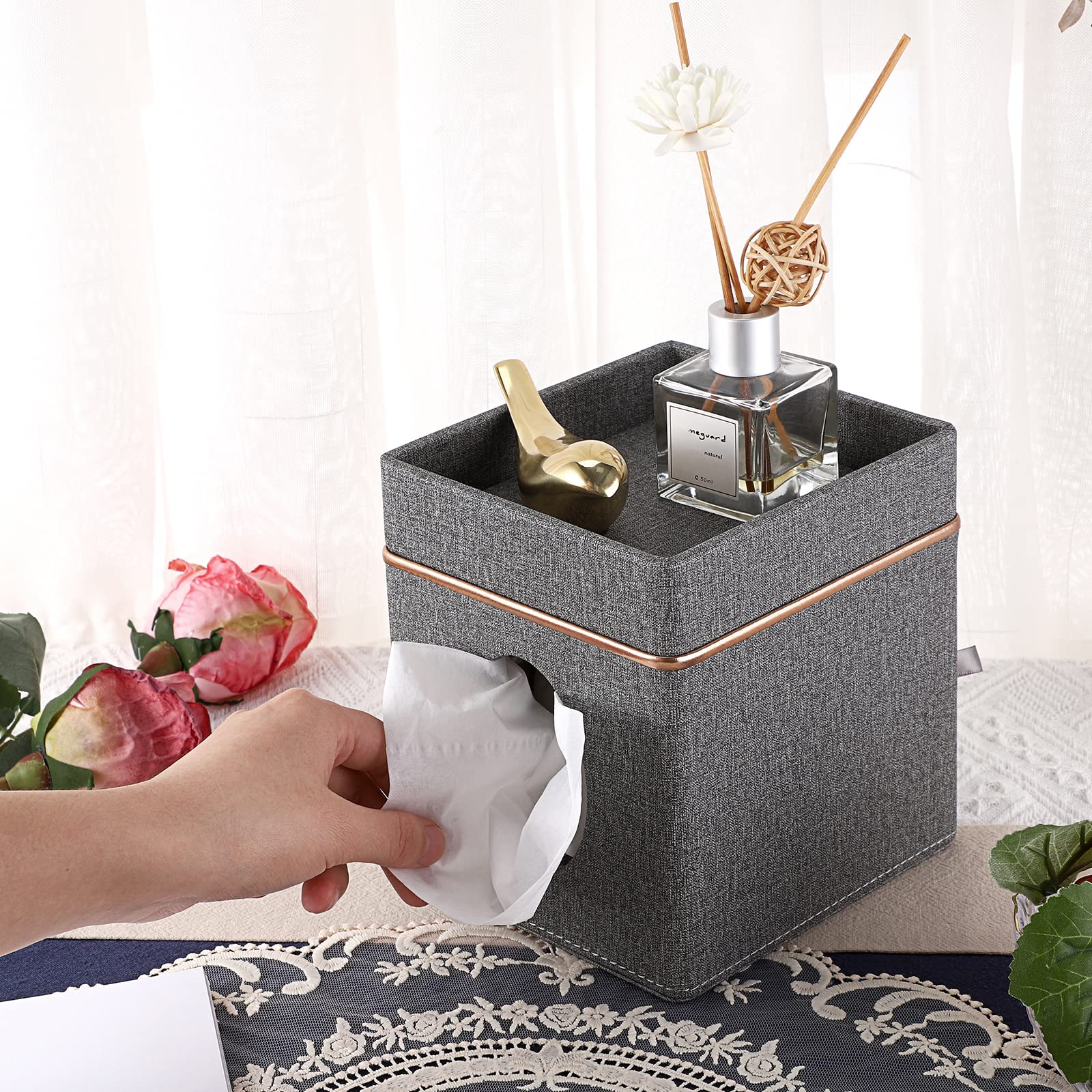 Sumnacon Square Linen Tissue Box Cover with Top Tray - Stylish Cube Tissue Holder for Bathroom, Living Room, Bedroom, Office & Car - Home Decor Accessory (Grey) | Perfect for Home, Office & Travel Use