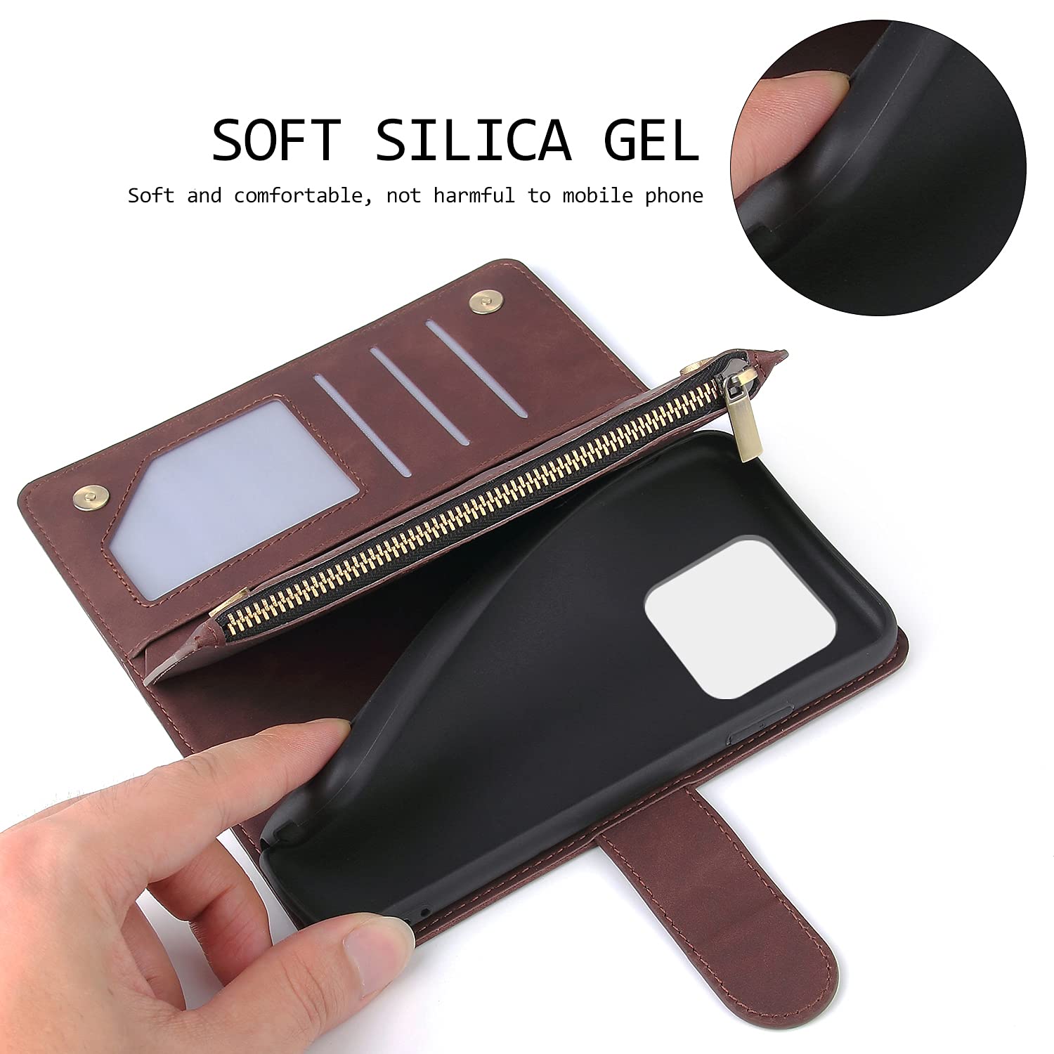 **Magnetic Leather Wallet Case for iPhone 13 Pro Max – 6 Card Holder, Hand Strap, Zipper Pocket, Stand & Shockproof Cover – Stylish & Protective for Women & Men (Coffee) – Perfect for Travel, Work & Daily Use**
