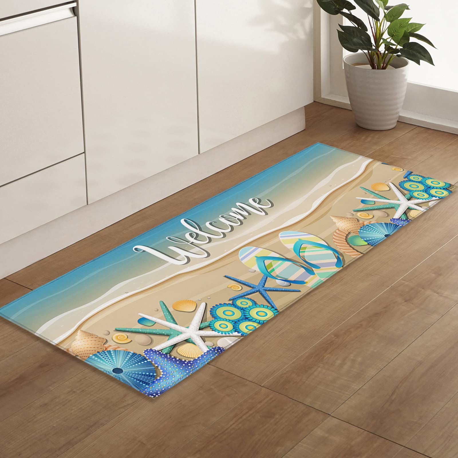 Non-Slip Absorbent Indoor Doormat - Soft TPR Backing Entrance Rug 20x63 Inch for Front/Back Door - Summer Beach Starfish Shell Design - Perfect for Home, Office, Apartment & Vacation Rentals