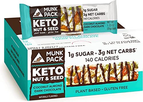 Munk Pack Keto Nut & Seed Bar - Coconut Almond Dark Chocolate (12 Bars) | Low Carb, Gluten Free, No Sugar Added Keto Snack | Plant-Based Protein Bar for Weight Loss & Ketogenic Diet | Perfect for Office, Gym & On-the-Go Healthy Snacking