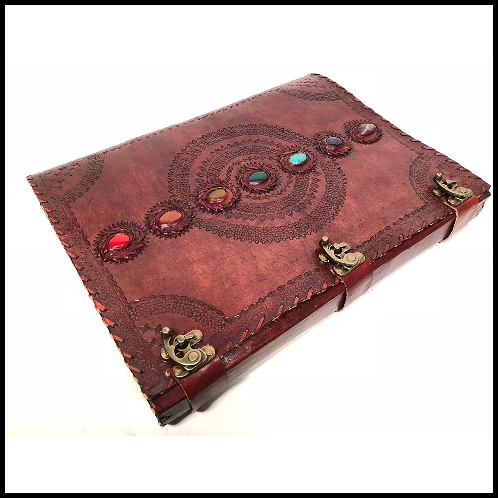 Handmade Leather Journal - Seven Chakra Embossed Medieval Stone Design, Book of Shadows Notebook for Office, College & Poetry Writing, 14 x 18 Inches | Perfect for Wiccan Rituals, Sketching & Gift Giving