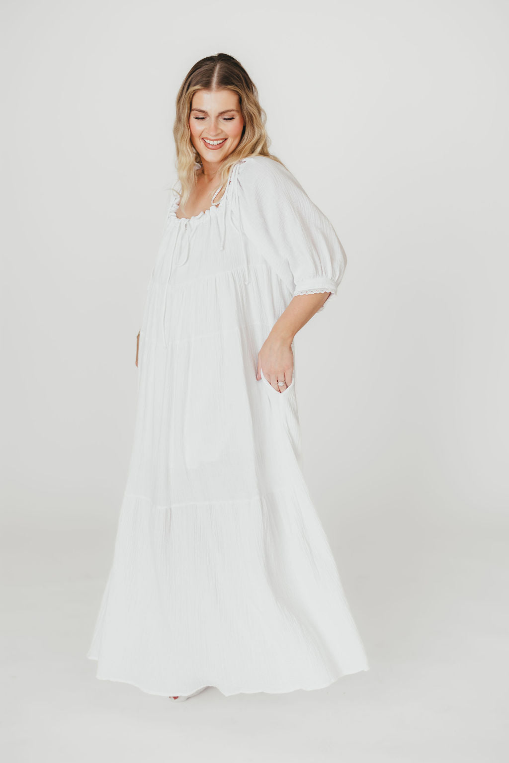 Goddess 100% Cotton Babydoll Maxi Dress - White Maternity Dress for Pregnancy, Bump Friendly, Comfortable & Flowy - Perfect for Maternity Photoshoot, Baby Shower & Summer Vacation
