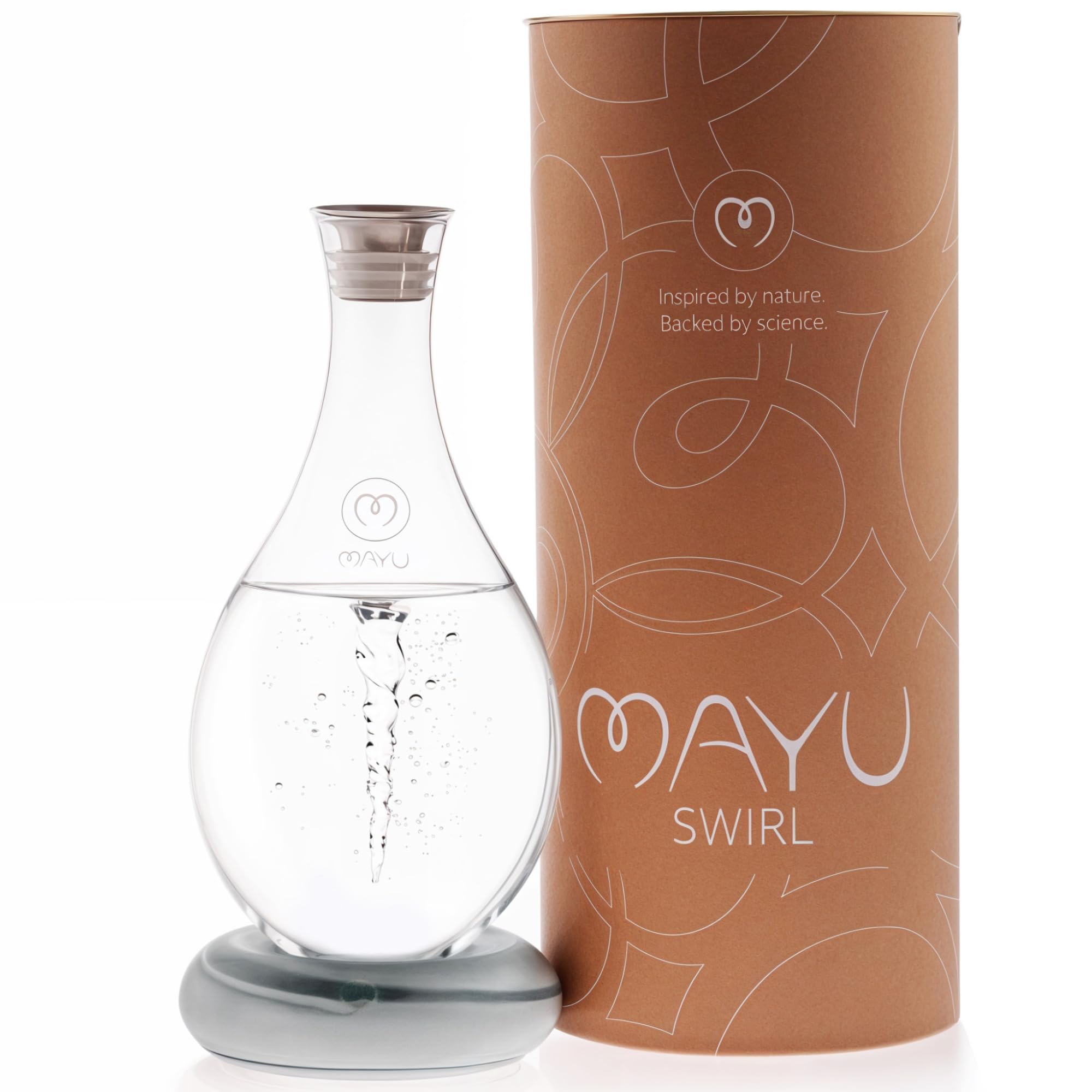 MAYU Swirl Structured Water Carafe - 1.5L Handblown Glass Pitcher with Vortex Technology | Reverse Osmosis Filter Aerating Dispenser | Graystone Base Design for Dining Table & Kitchen Counter