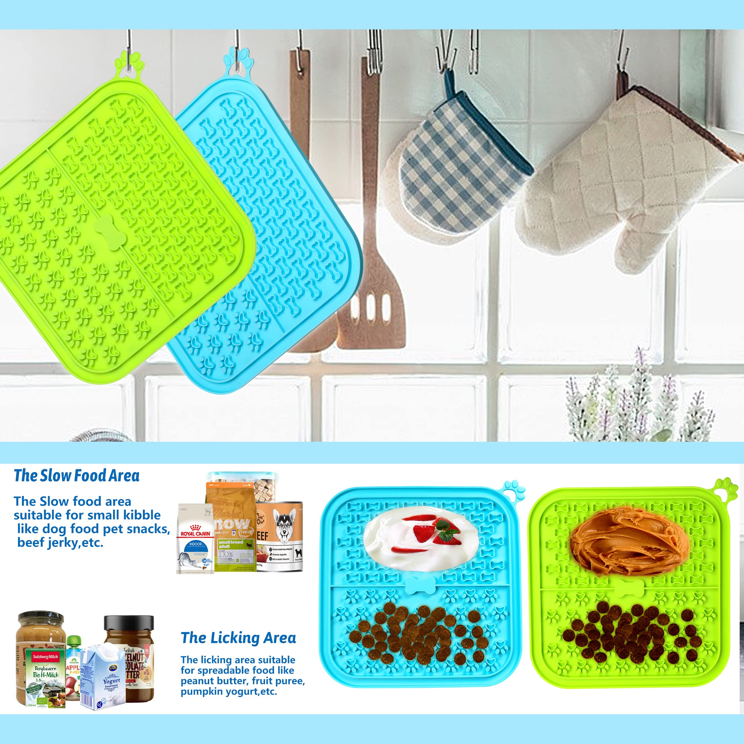 Non-Slip Lick Mat for Dogs - 2 Pack Slow Feeder with Suction Cups - Anxiety Relief & Mental Stimulation - Includes Scoop Spatula for Dog Treats & Cat Food (Blue & Green) - Perfect for Bath Time, Grooming & Mealtime Enrichment