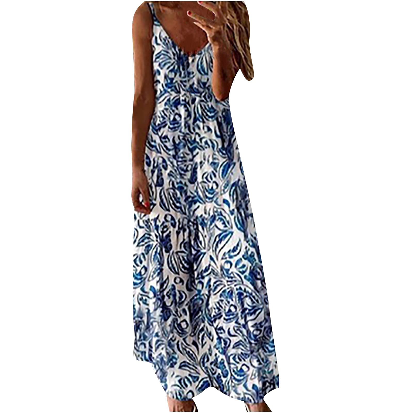 Anuyalue Women's Summer Dresses 2023 - Casual Sleeveless Spaghetti Strap Maxi Dress, Boho Floral Beach Dress with Sexy V-Neck | Perfect for Vacations, Pool Parties & Date Nights