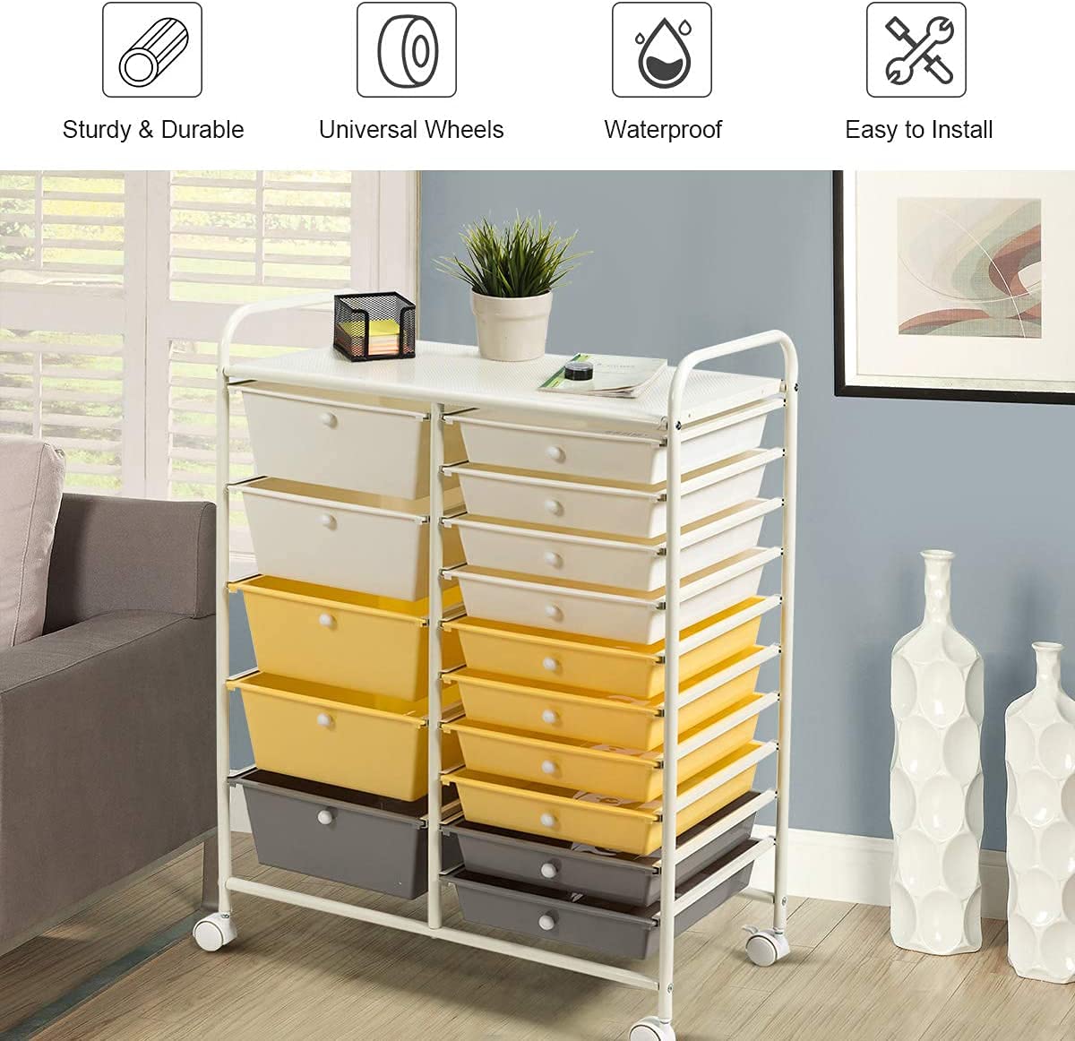 HAPPYGRILL 15-Drawer Rolling Storage Cart with Wheels - Mobile Organizer for Tools, Office Supplies, School & Craft Room - Perfect for Home, Office & Classroom Organization