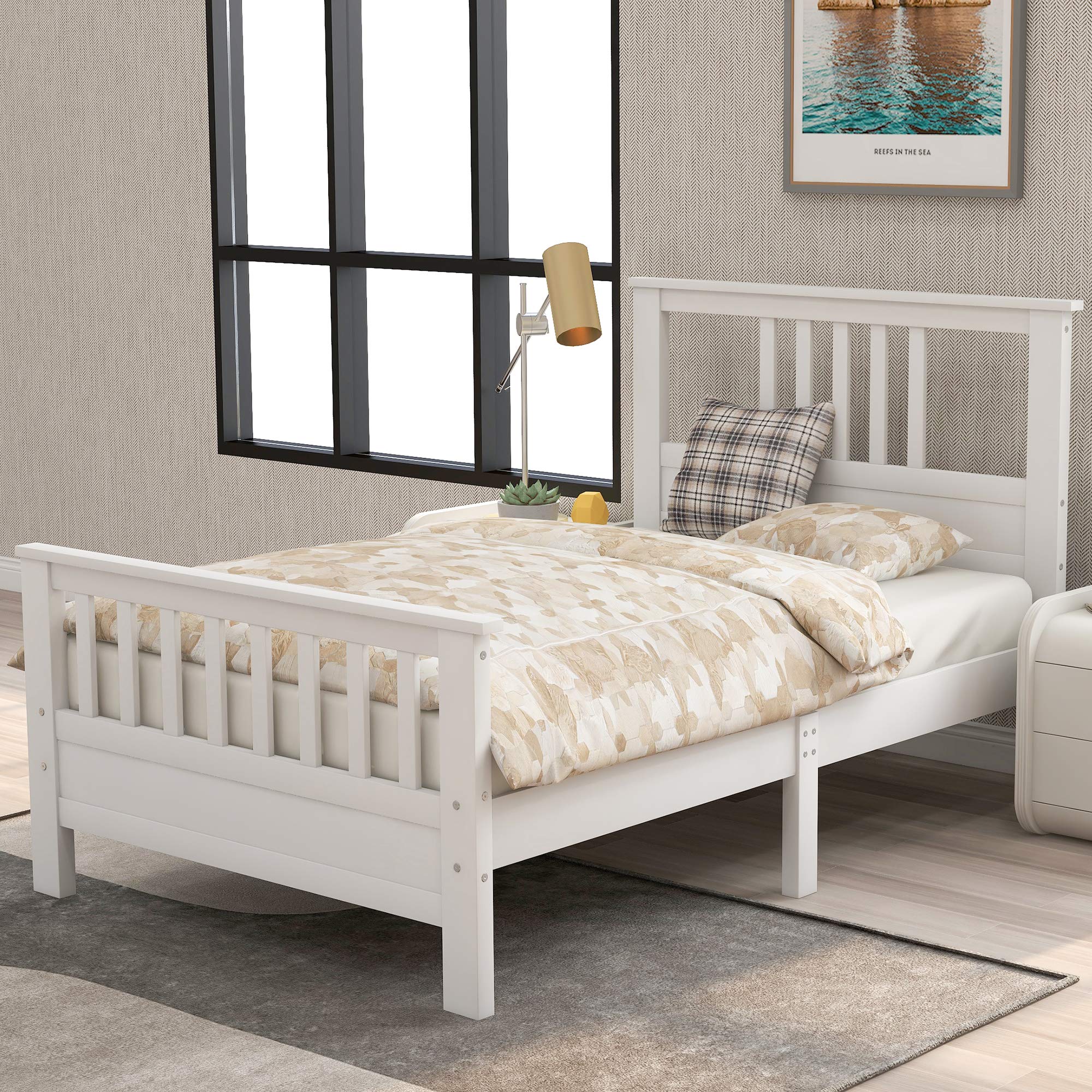 Solid Wood Twin Bed Frame with Headboard & Footboard - Sturdy Wooden Platform Bed with Slats Support (No Box Spring Needed) - Perfect for Kids Rooms, Guest Bedrooms & Small Spaces