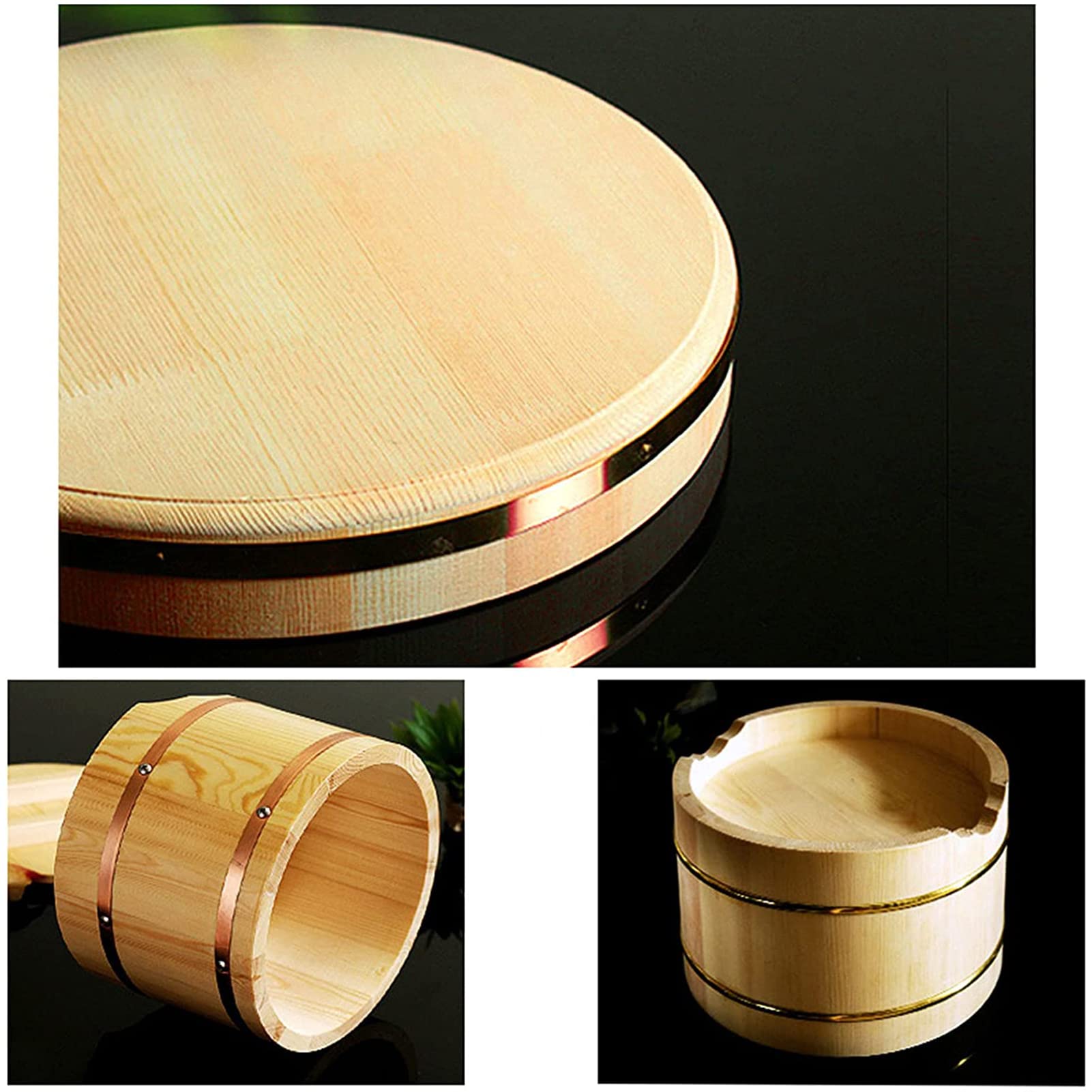 Premium Wooden Sushi Rice Mixing Tub with Copper Edge Lid - Authentic Japanese-Style Sushi Oke Bowl for Sushi Making, Restaurant & Home Kitchen Use - Perfect for Sushi Rice Preparation, Mixing & Serving (Large Size)