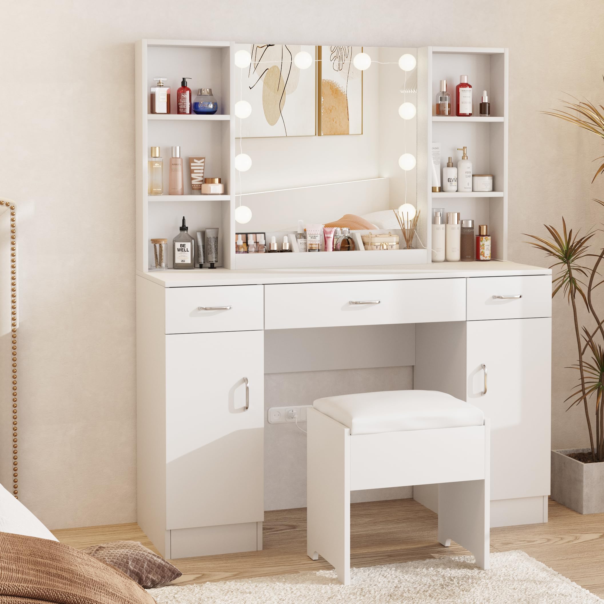 White Makeup Vanity Desk with LED Lights - 45 Inch Large Dressing Table with 3 Drawers, 2 Cabinets & Shelves for Bedroom, Beauty Salon or Home Decor