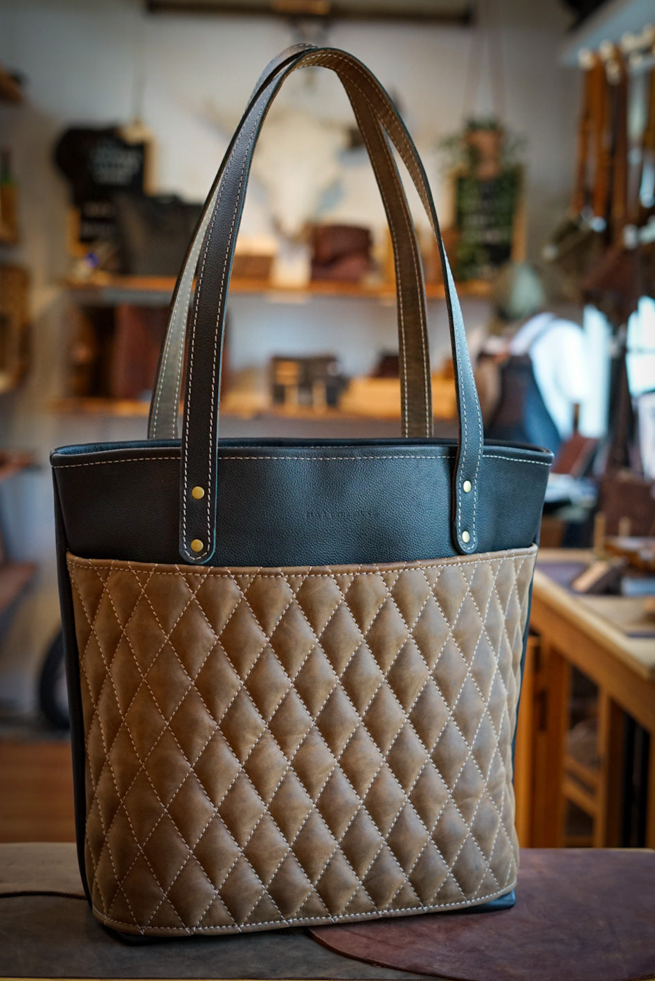 Premium Diamond Stitch Tote Bag - Pebbled Black & Crazyhorse Brown Leather - Stylish & Durable Handbag for Work, Travel & Shopping