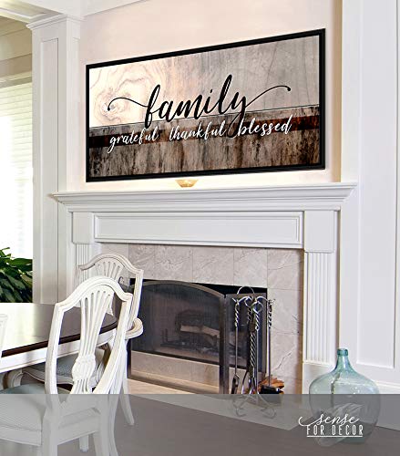 Christian Family Wall Decor - Grateful Thankful Blessed Sign with Floating Frame for Home, Living Room, Bedroom - Brown Wooden Plaque 42x19 Inches