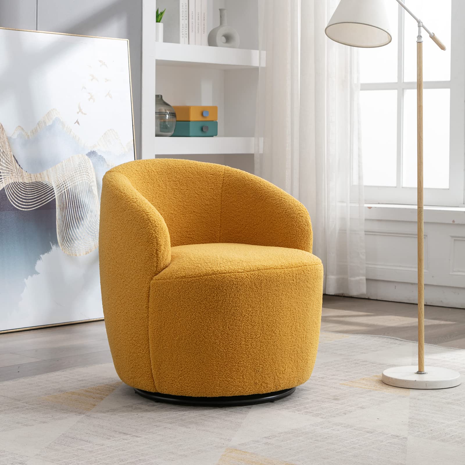Homtique Small Swivel Barrel Chair - 360 Degree Rotating Comfy Round Club Chair with Boucle Fabric for Living Room, Bedroom, Apartment & Hotel (Teddy Yellow) | Perfect Accent Chair for Lounge, Reading Nook or Office Space