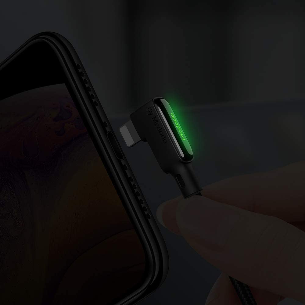 Mcdodo Anti-Winding 90° Right Angle Coiled USB Cable - 6FT/1.8M Nylon Braided Sync & Charge Cord with LED for iPhone 14/13/12/11 Pro Max (Black) - Perfect for Gaming, Travel & Tangle-Free Charging
