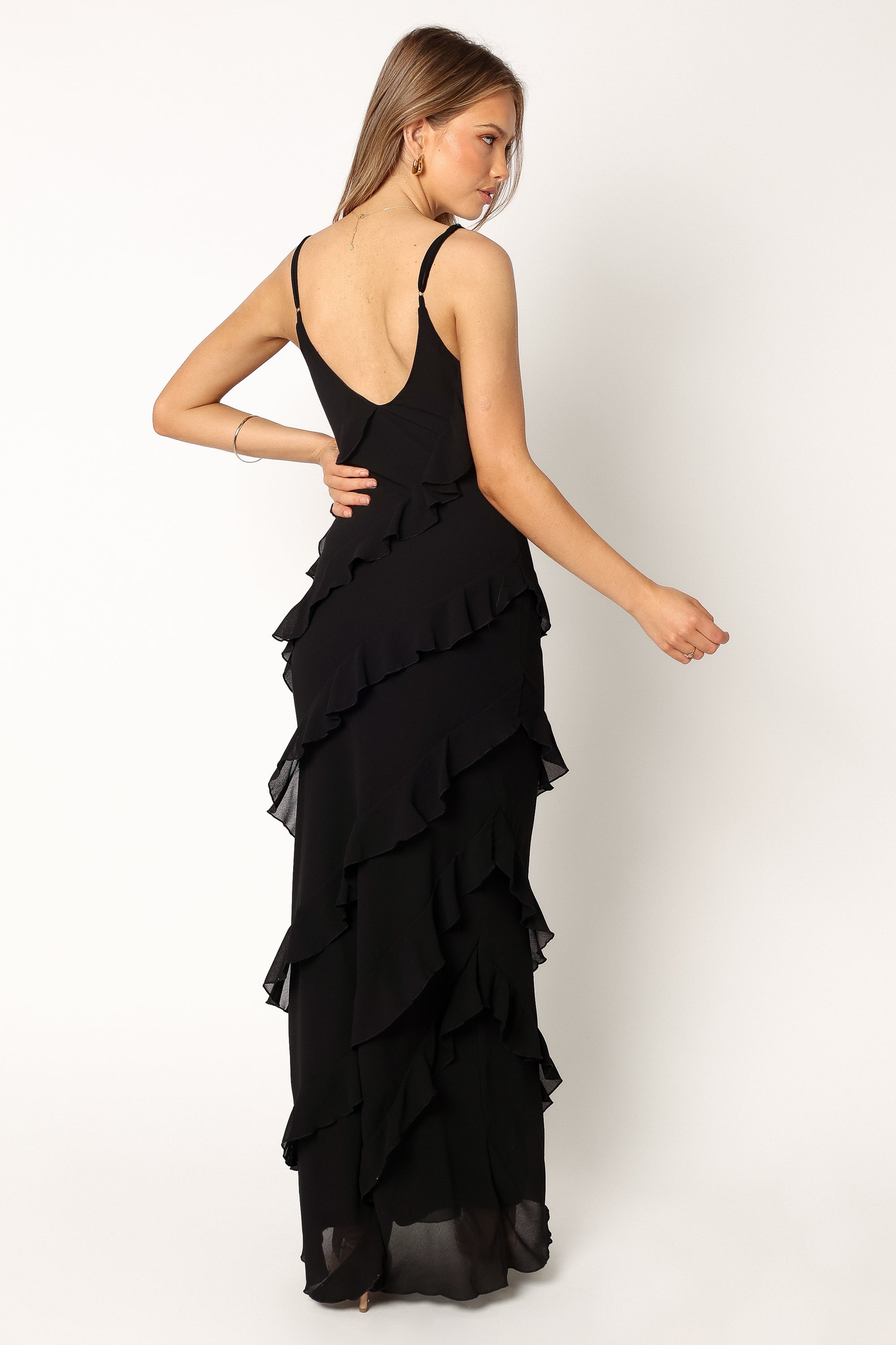 Ciao Ruffles Maxi Dress for Women - Elegant Black Flowy Summer Dress with Ruffle Details | Perfect for Beach Vacations, Date Nights & Special Occasions