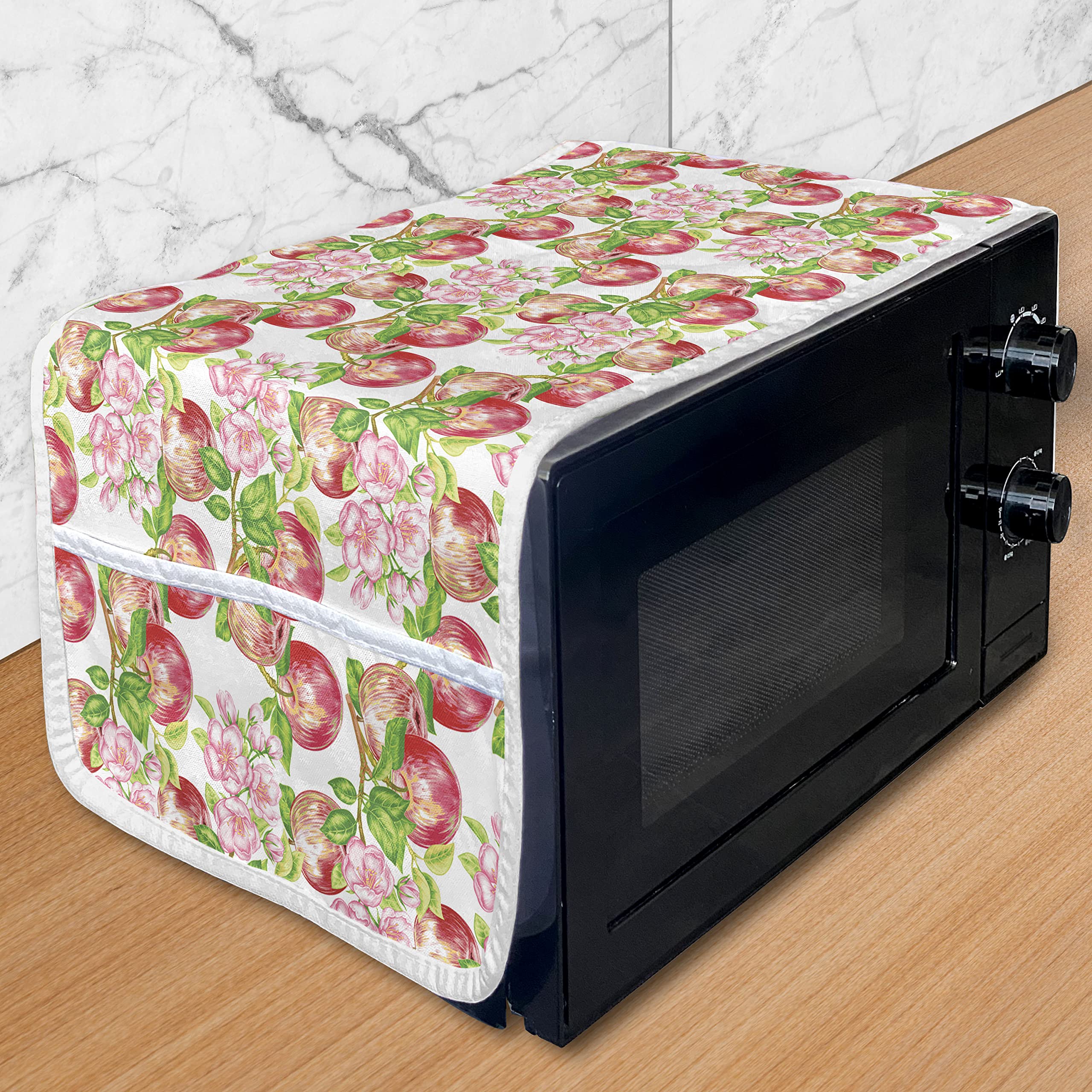 Ambesonne Victorian Microwave Oven Cover - Floral Apple Tree Summer Nature Art Print, Waterproof Kitchen Organizer with Pockets, 36x12 Inches, Red White Green | Perfect for Countryside-Themed Kitchens & Victorian Home Decor