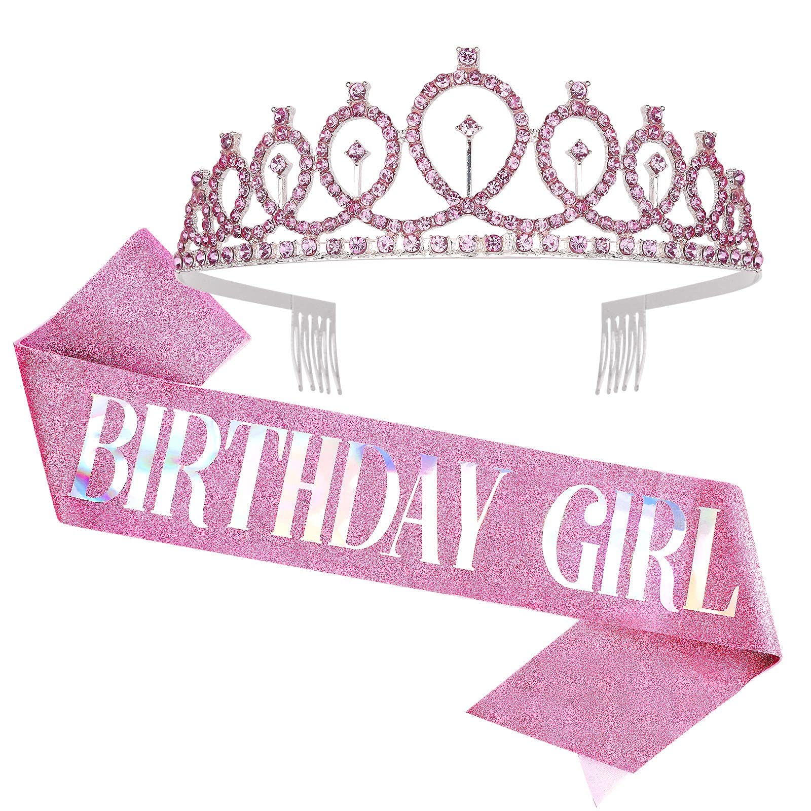 **CIEHER Pink Rhinestone Tiara & Birthday Crown Set for Women & Girls - Birthday Party, Prom Costume Accessories, Decorations & Gifts - Perfect for Princess-Themed Parties & Special Occasions**