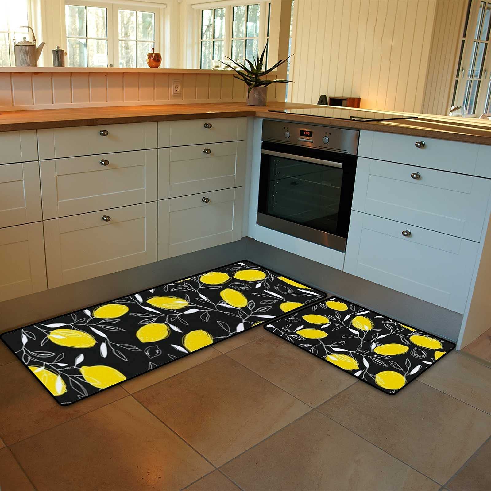 Non-Slip Waterproof Kitchen Floor Mats Set of 2 - Black Cushioned Anti-Fatigue Runner Rugs for Home, Office, Laundry Room (17.7