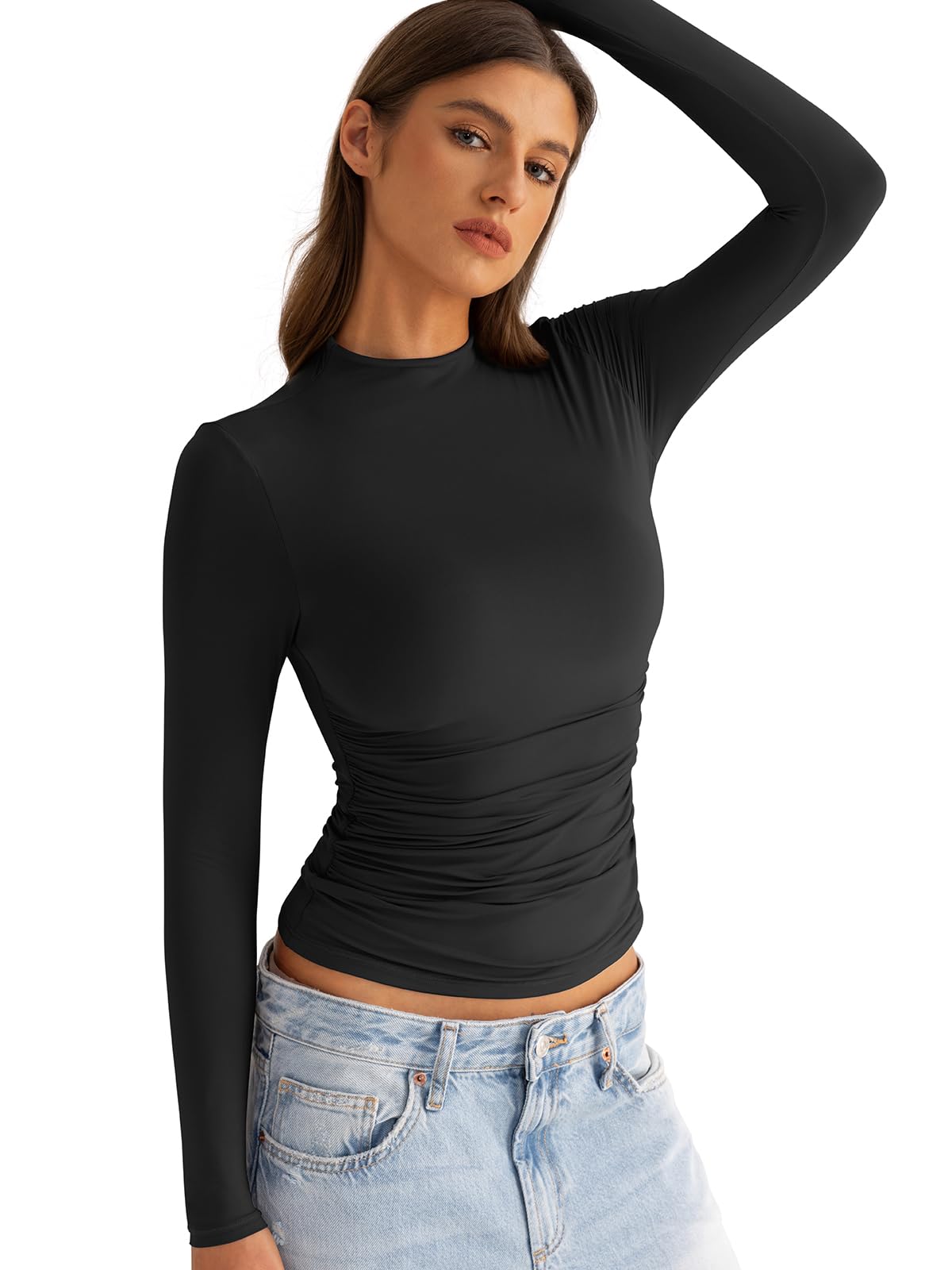 Women's Mock Neck Long Sleeve Ruched Blouse - Double Lined Fitted Turtleneck Top for Spring & Fall 2025 | Casual Office Wear, Date Night Outfit, Layering Essential
