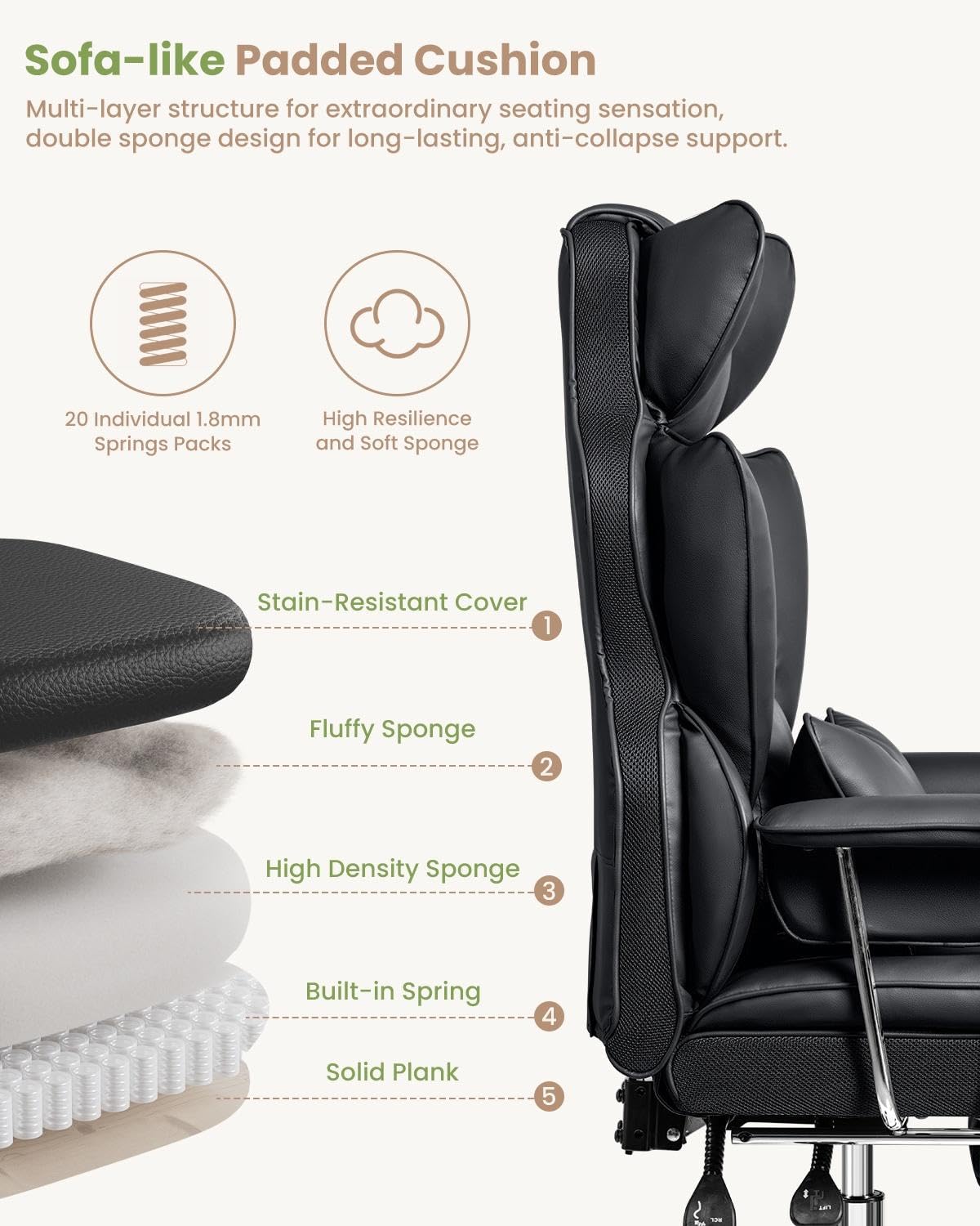 Big and Tall Executive Office Chair with Footrest - Ergonomic Leather Computer Chair, High Back Reclining with Lumbar Support - Large Home Office Desk Chair for Comfortable Working (Black) - Perfect for Home Office, Gaming, and Long Work Sessions