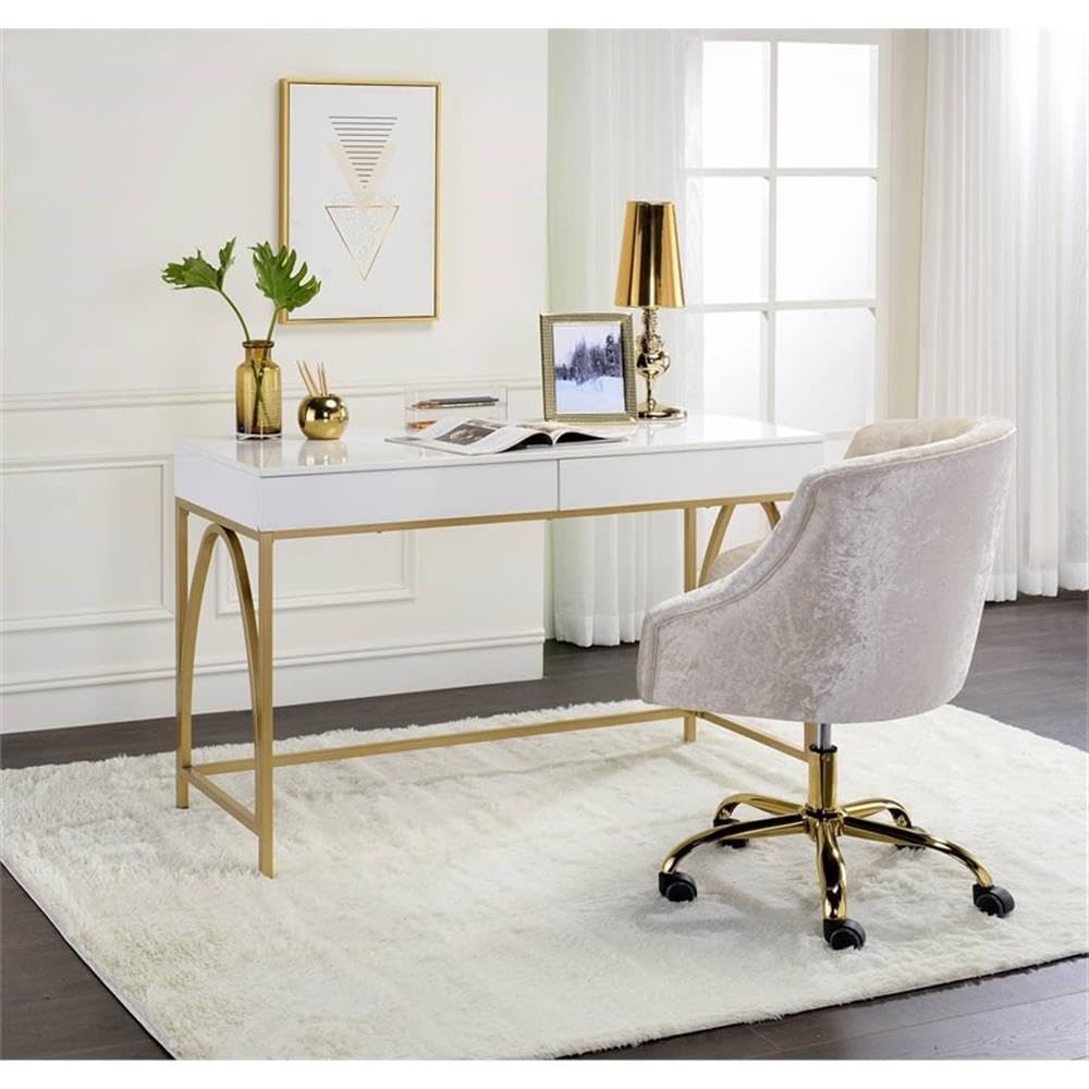 BOWERY HILL Contemporary Vanity Desk - White High Gloss Finish with Gold Accents | Modern Dressing Table for Bedroom, Makeup Station & Home Office