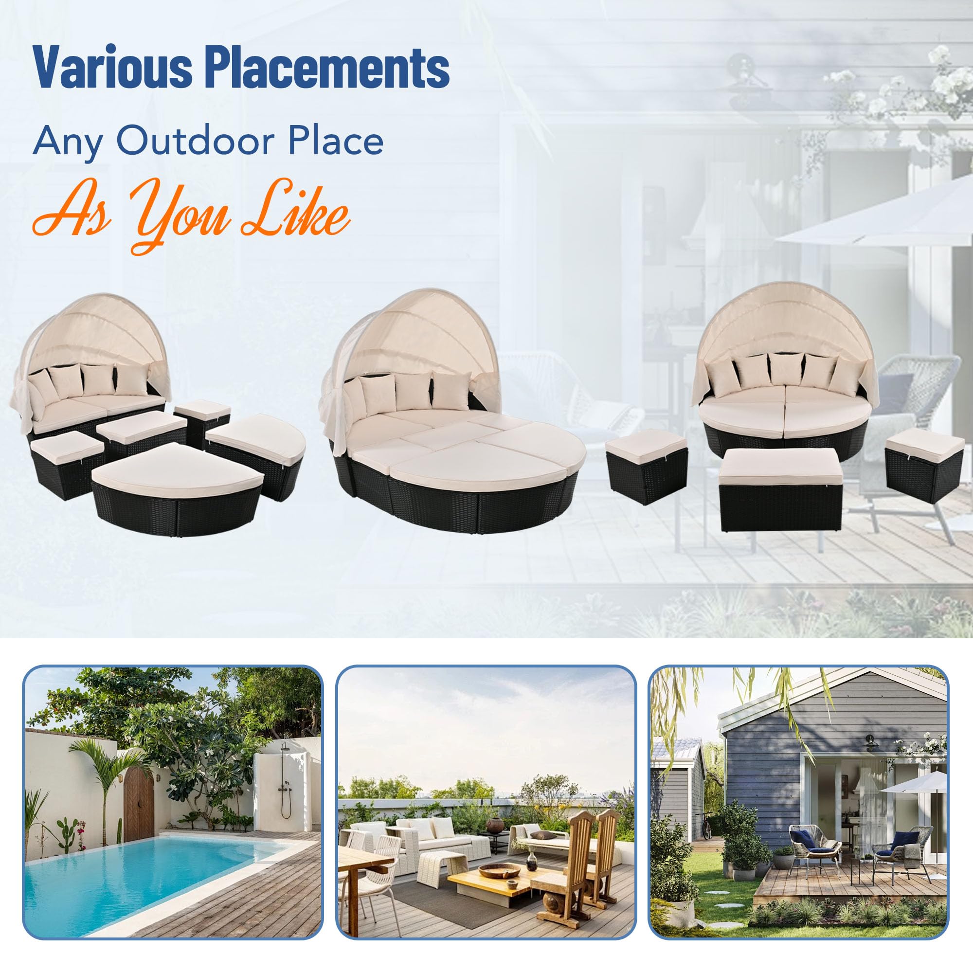 Premium Outdoor Patio Rattan Wicker Furniture Set - Round Sunbed with Retractable Canopy, Sectional Conversation Set with Bench & Fan Chairs, Washable Cushions - Perfect for Backyard, Poolside & Garden Relaxation