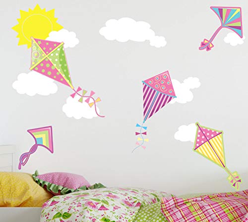 Create-A-Mural Pink Kite Wall Decal for Girls - Happy Sun & Clouds Nursery Wall Stickers | Removable Peel & Stick Vinyl Wall Art for Kids Room Decor | Perfect for Preschool, Bedroom & Playroom Decoration