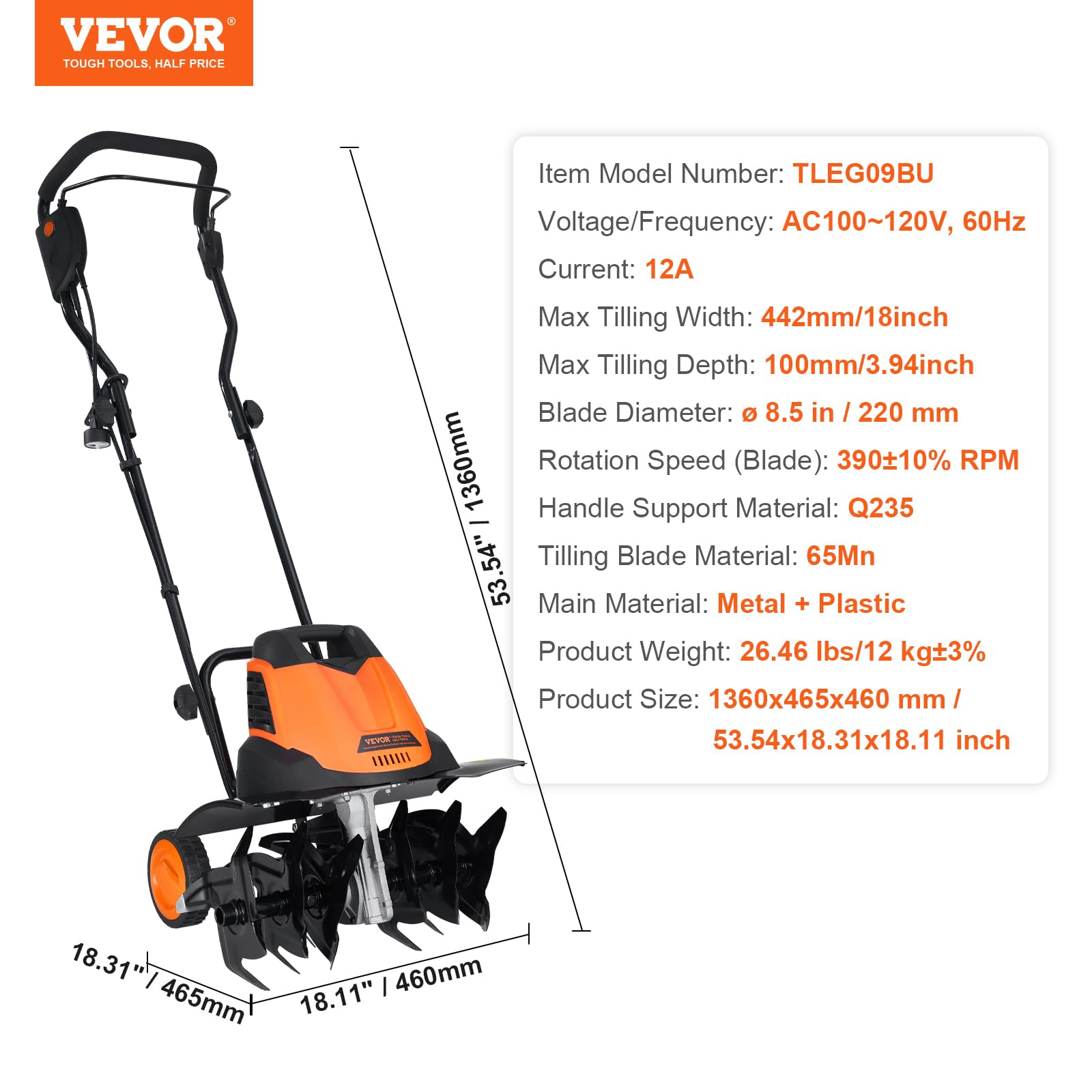 VEVOR 12 Amp Electric Tiller Cultivator - 18