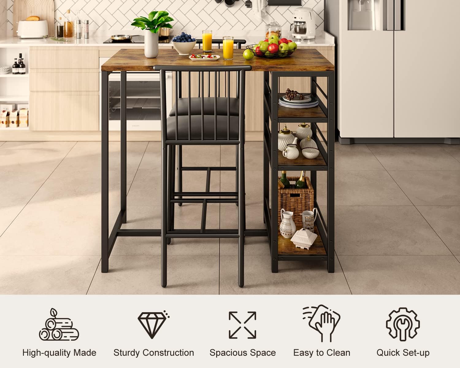 Gizoon 3-Piece Retro Dining Table Set for 2 with Storage Shelves - Small Space Kitchen Table & Chairs with PU Cushion Seats & Thick Wood Top - Perfect for Apartments, Breakfast Nooks, and Cozy Dining Areas