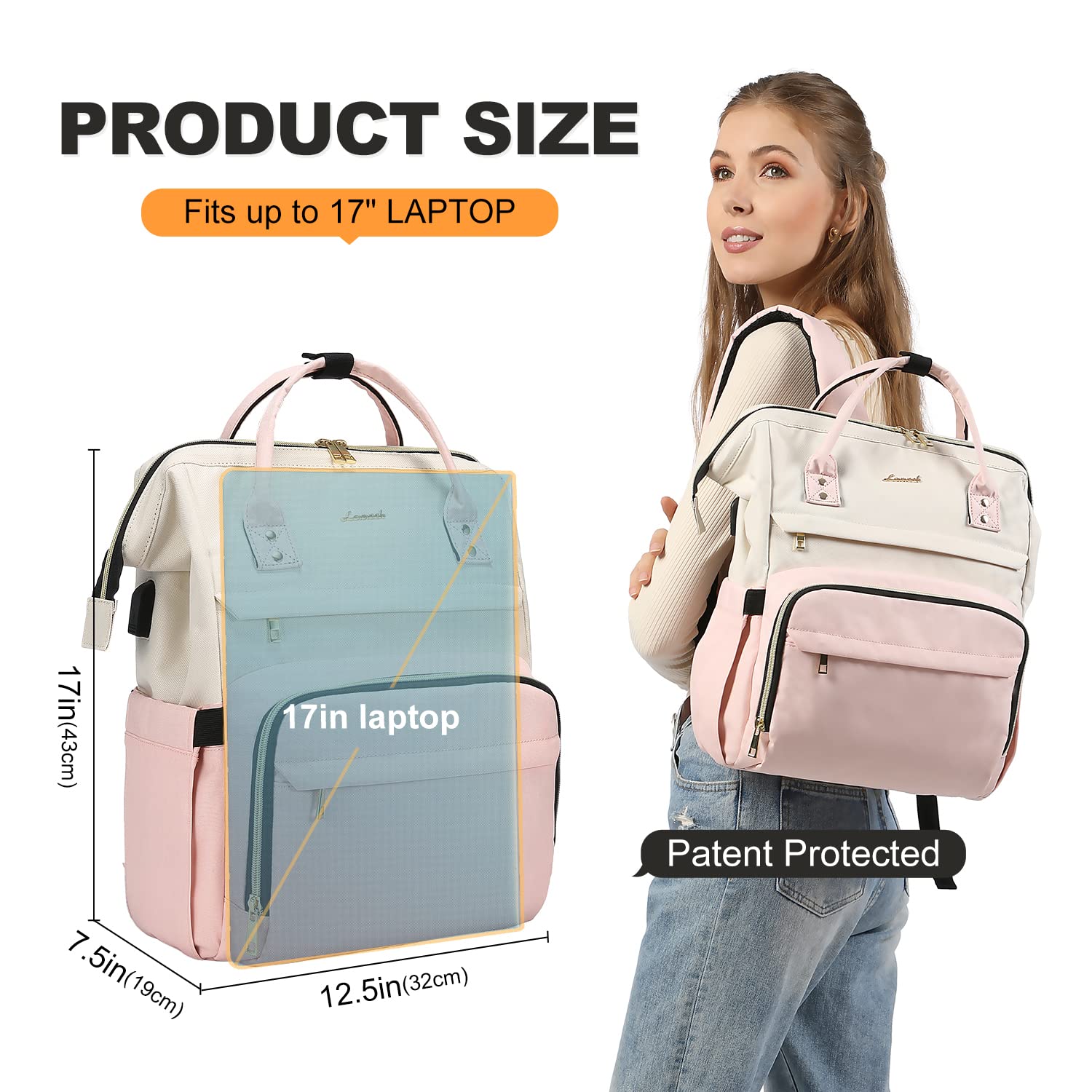 LOVEVOOK 17-inch Laptop Backpack for Women - Large Capacity Fashion Work Computer Bag, Travel & Business Backpack for Professionals, Nurse & Doctor Backpack (Beige-Pink) - Perfect for Office, School, Commuting & Travel