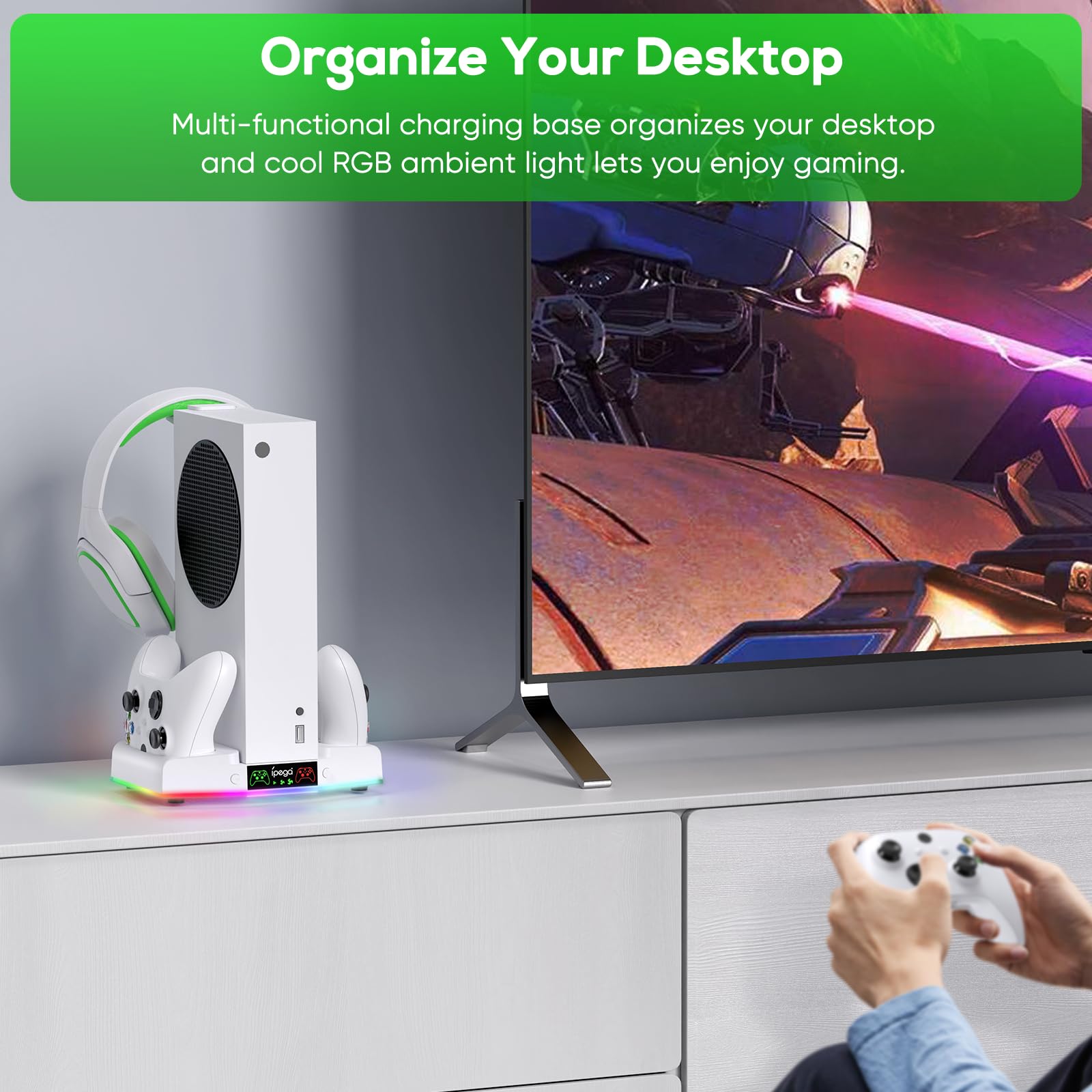 Xbox Series S Charging Station - Vertical Controller Dock with 15 RGB Lights, Cooling Fan System, 2X 1400mAh Rechargeable Batteries & Headset Holder - Perfect for Gaming Setup & Accessories Organization