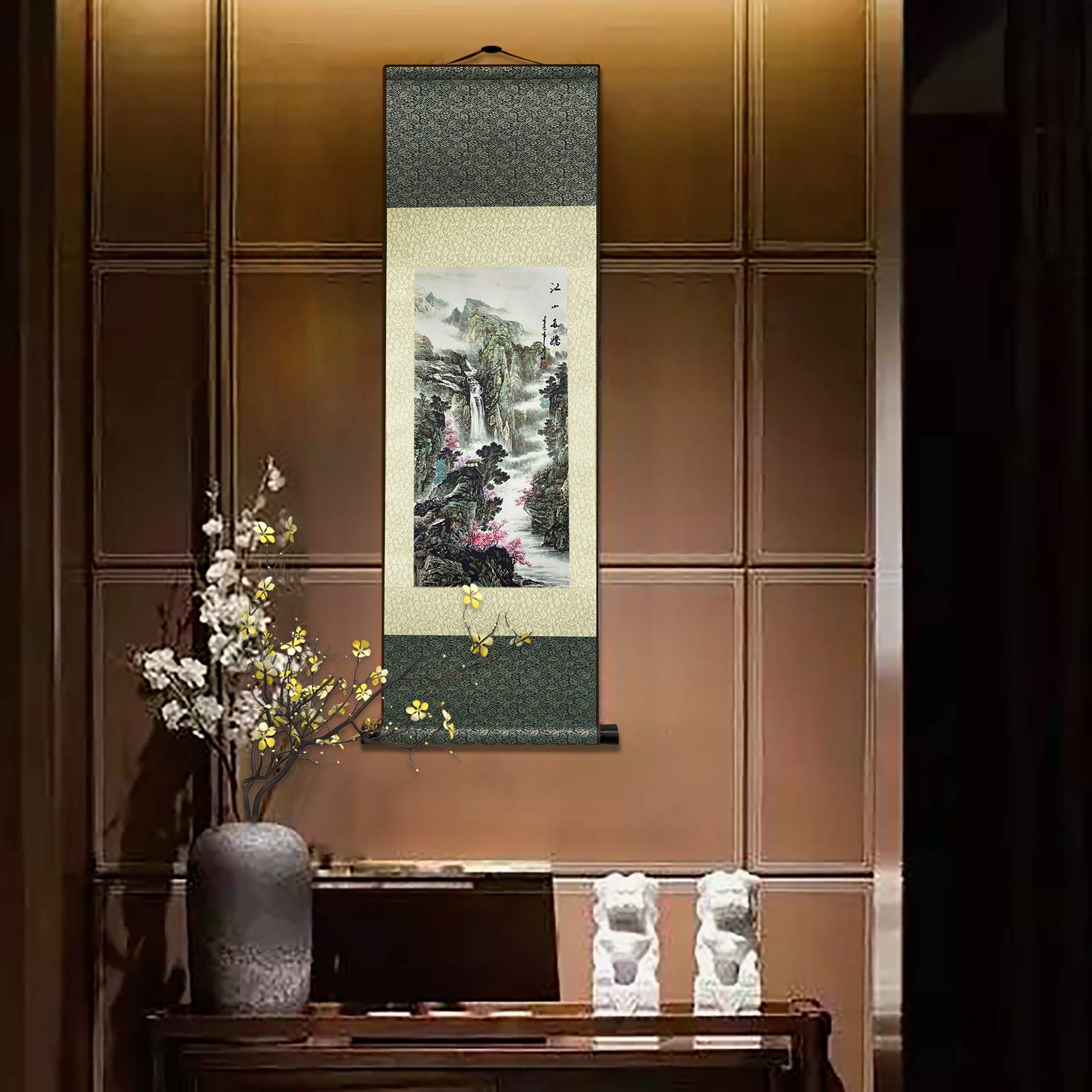 FOVNOT Chinese Landscape Silk Scroll Painting - Asian Home Decor, Vertical Wall Art for Living Room & Bedroom | Traditional Oriental Hanging Decor for Zen Meditation & Cultural Ambiance