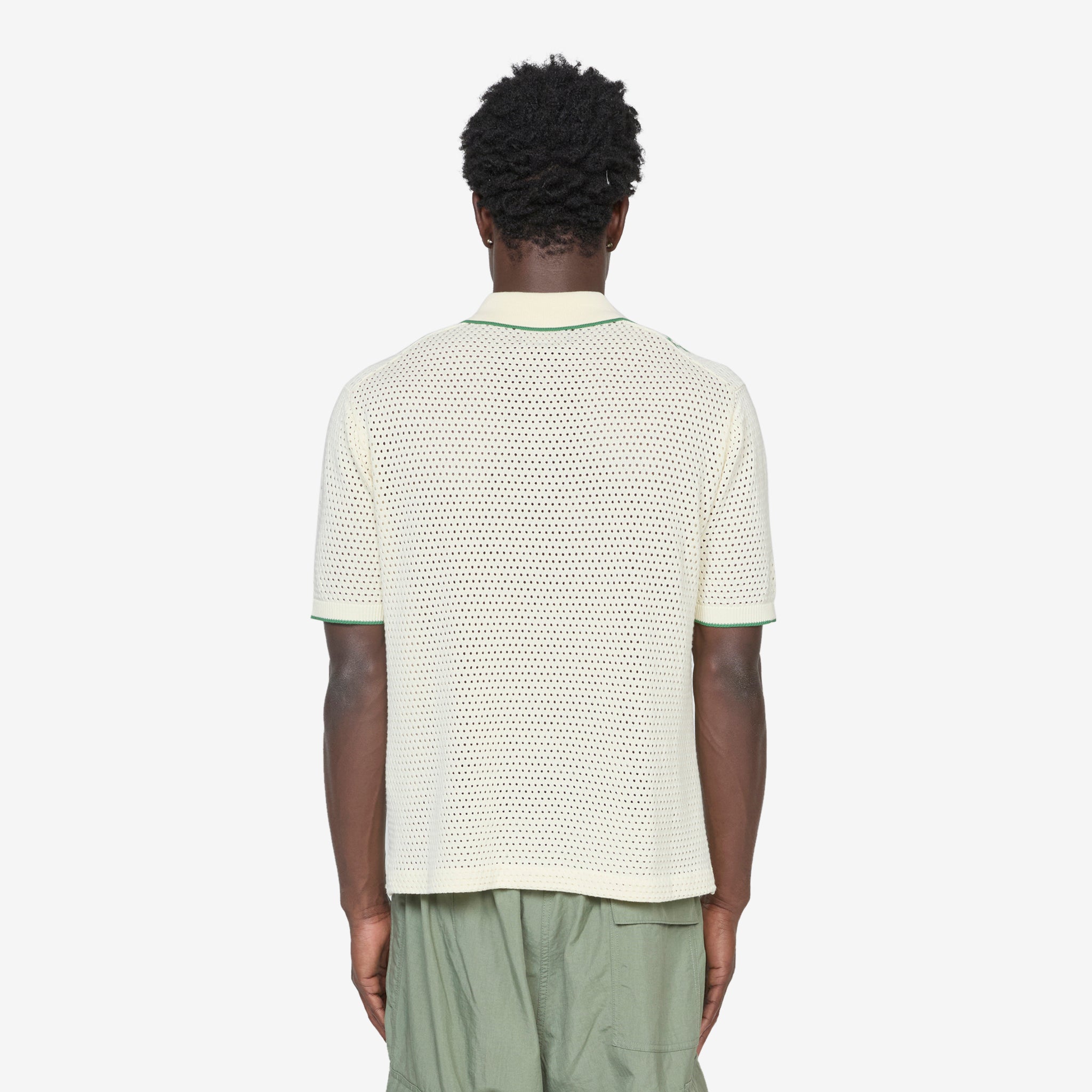 Men's Knit Polo Shirt with Mesh Stripe Design in Off White - Casual & Business Wear for Office, Golf, and Outdoor Activities