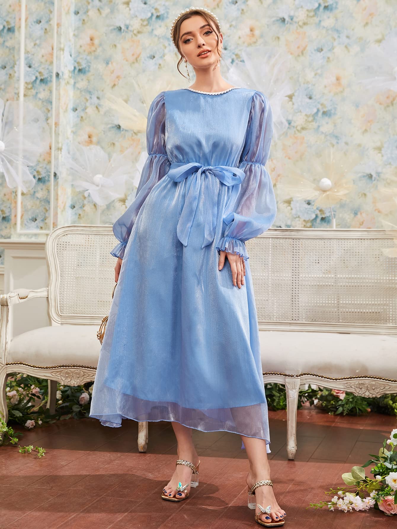Elegant Pearl Beaded Sheer Lantern Sleeve Belted Dress for Women - Medium Size | Perfect for Cocktail Parties, Weddings & Special Occasions