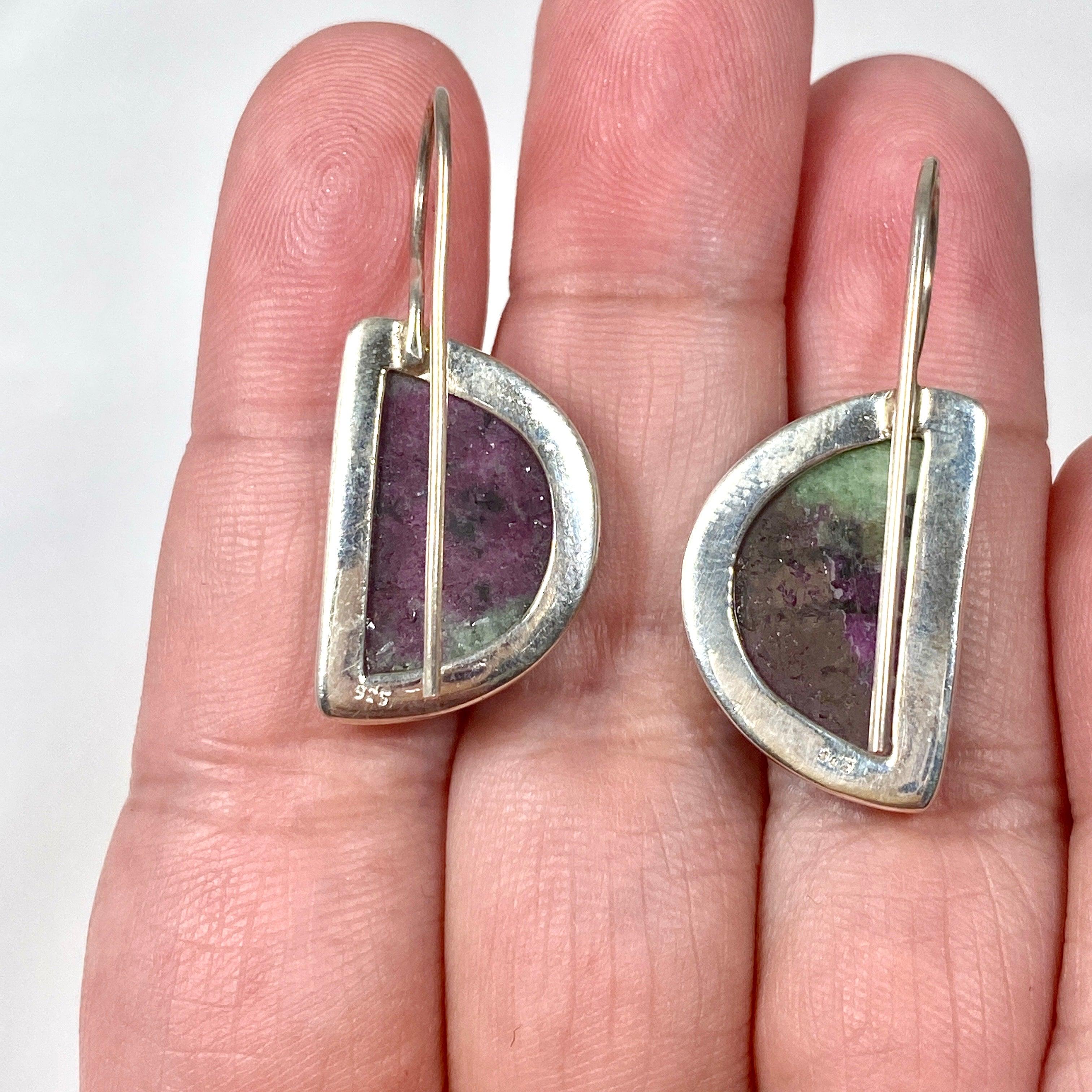 Natural Ruby in Zoisite Half Moon Earrings with Fixed Hook - Elegant Handmade Jewelry for Women - Perfect for Weddings, Parties & Special Occasions - KEGJ1118