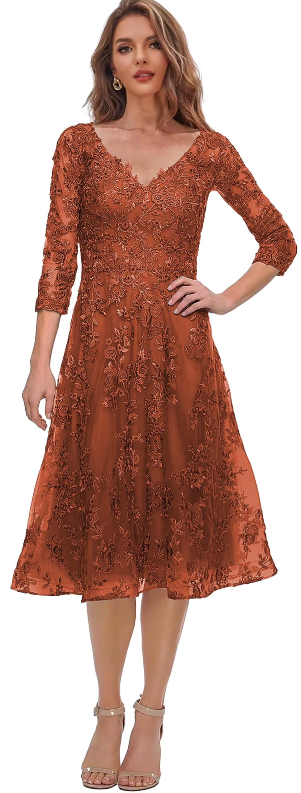 Elegant Tea-Length Mother of the Bride Dress with Lace Appliques - Sleeved Formal Evening Gown for Weddings, Parties & Special Occasions