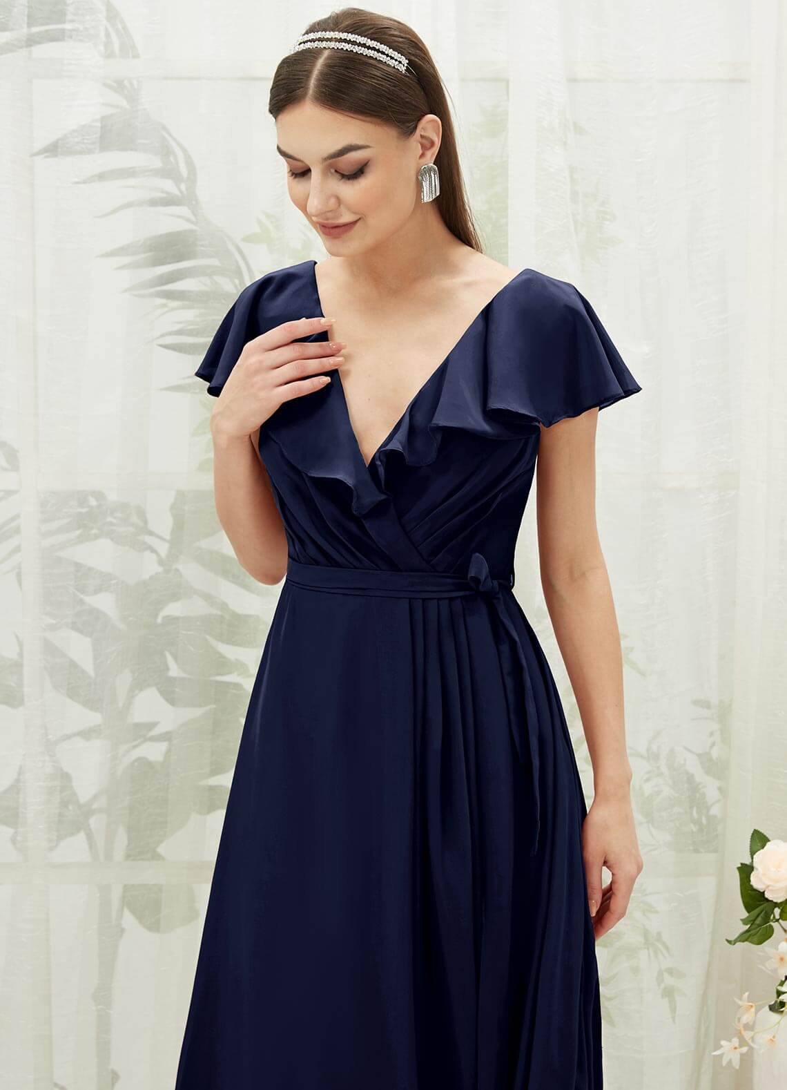 Elegant Dark Navy Chiffon Bridesmaid Dress with Ruffle Sleeves & V-Neck - Perfect for Weddings, Formal Events & Evening Parties