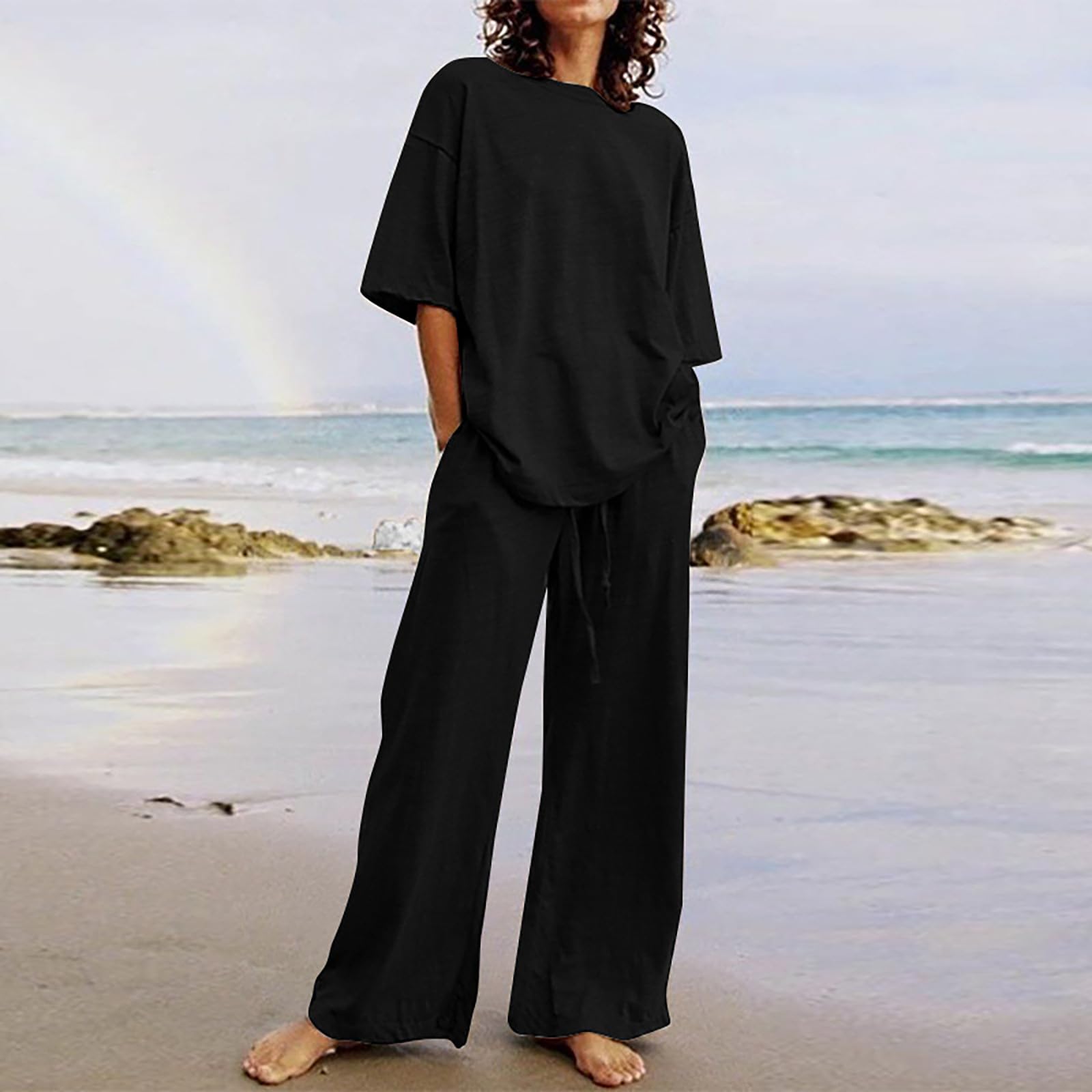 BADHUB Women's Summer Outfits - Oversized Tops & Wide Leg Pants Lounge Sets | Beach Vacation, Casual Wear & Travel Outfits