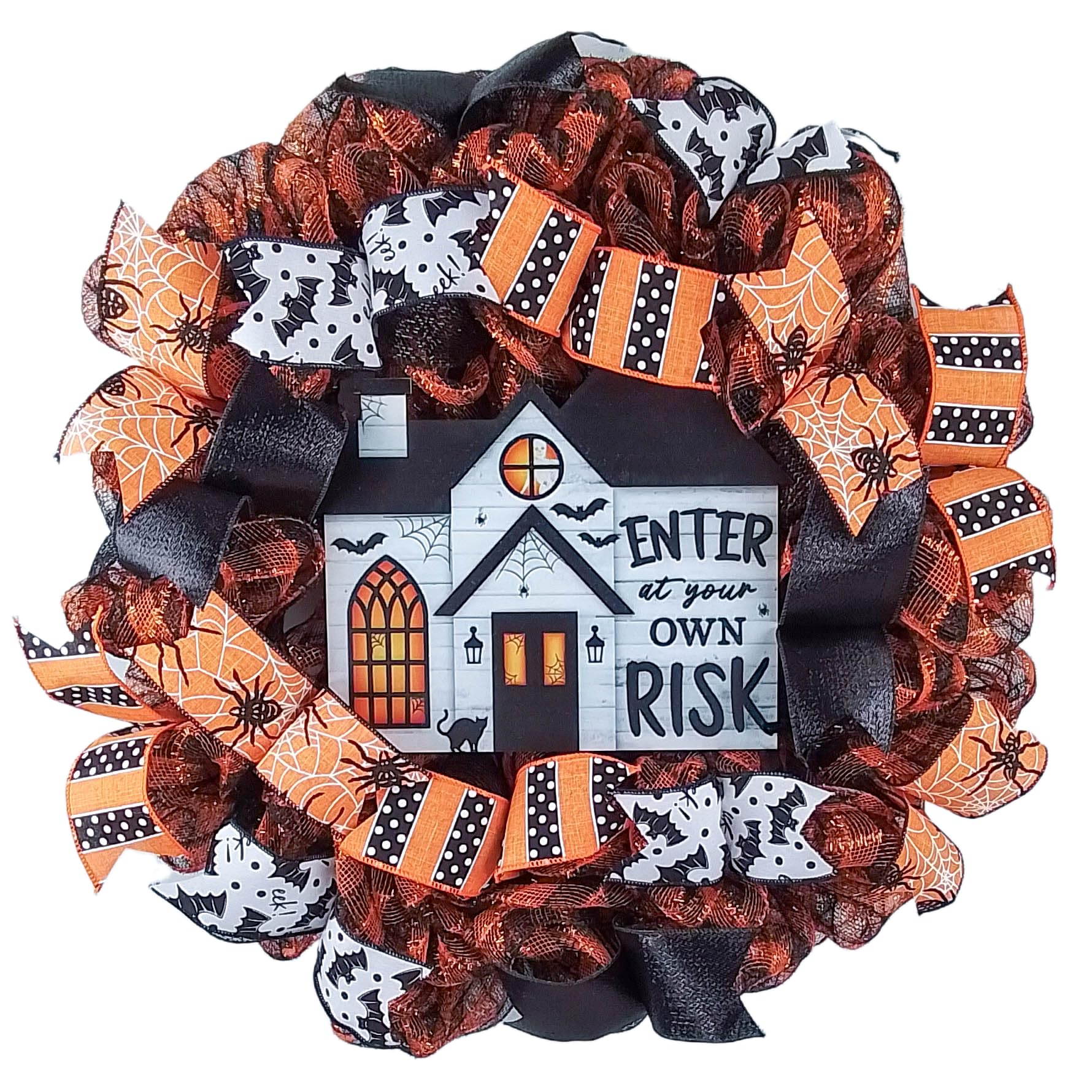 Spooky Halloween Wreath - Haunted House Door Decor with Orange Black White Stripes - Perfect for Front Door, Porch & Party Decorations