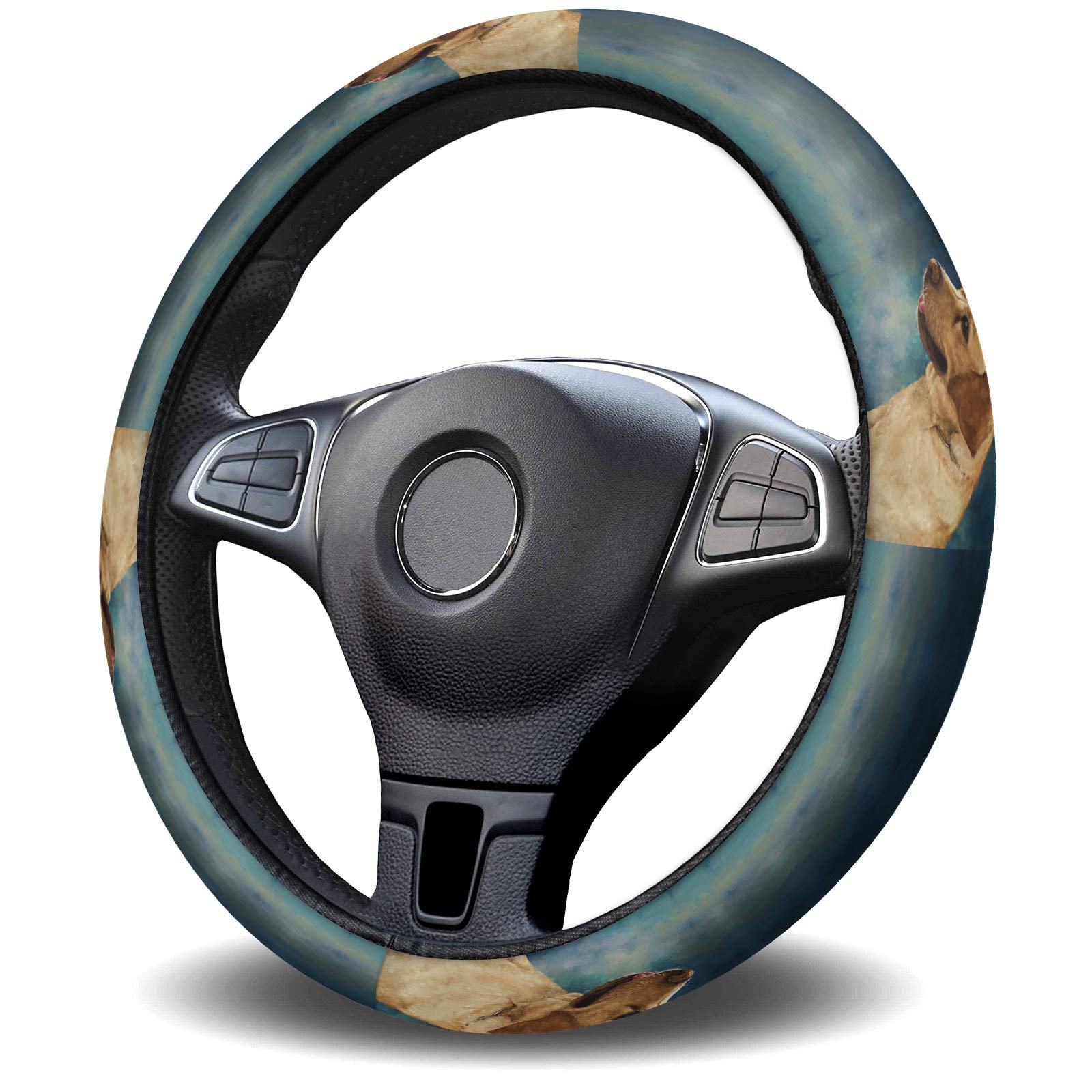 Golden Retriever Dog Steering Wheel Cover - Anti-Slip Universal Fit 15 Inch for Cars/Trucks/SUVs - Cute Car Accessories for Women & Men