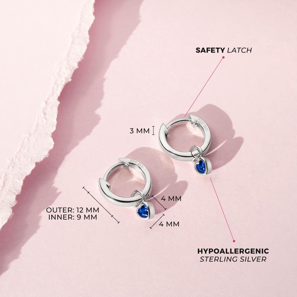 925 Sterling Silver Petite Simulated Birthstone Heart Charm Hoop Earrings for Girls | 12mm Cubic Zirconia Stud Earrings | Dainty Birthstone Jewelry Gift for Teens & Young Women | Perfect for Birthdays, Graduation & Special Occasions