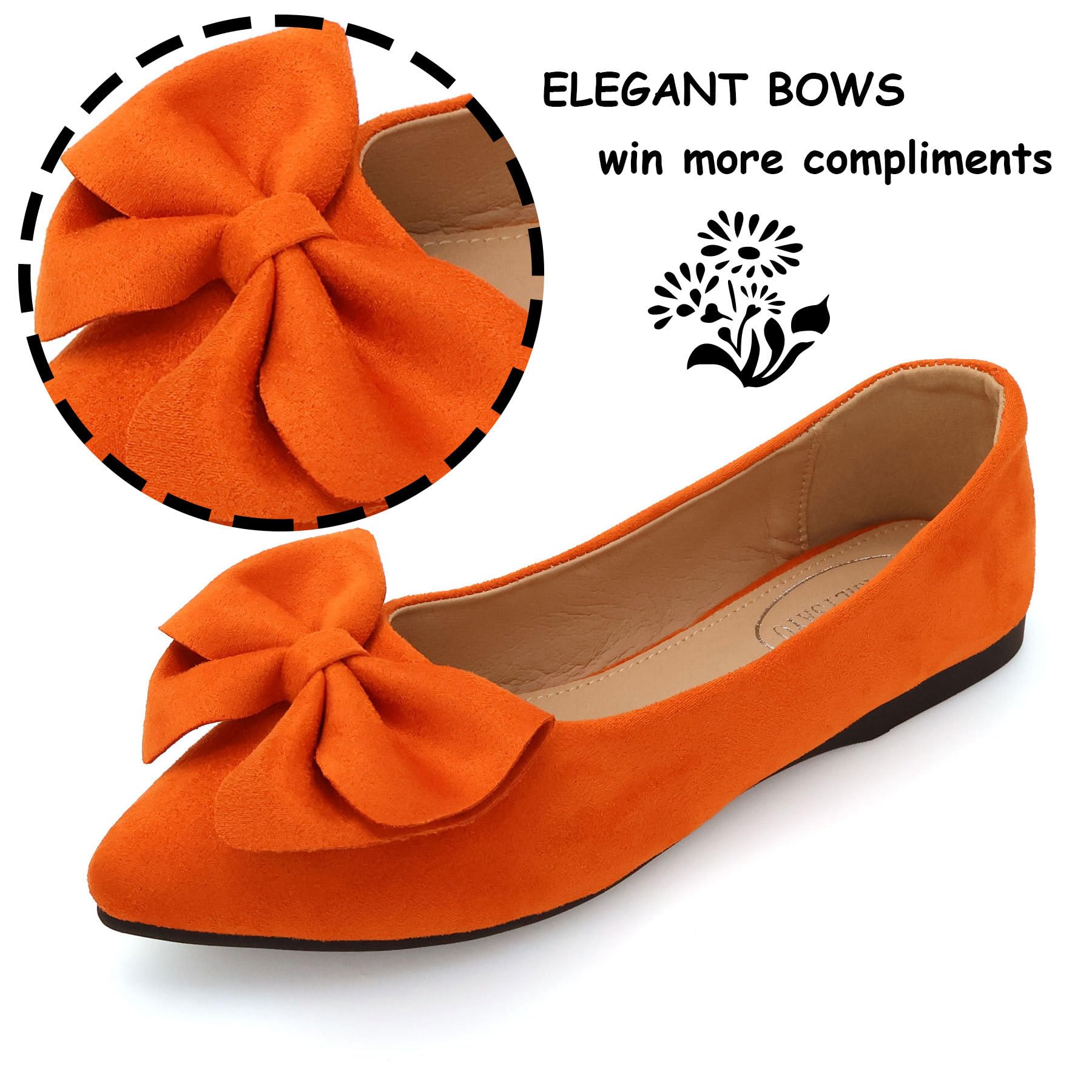 Women's Suede Ballet Flats with Bows - Soft Slip On Dress Shoes for Office, Wedding & Party | Comfortable Casual & Dressy Flats for Work, Holiday & Everyday Wear