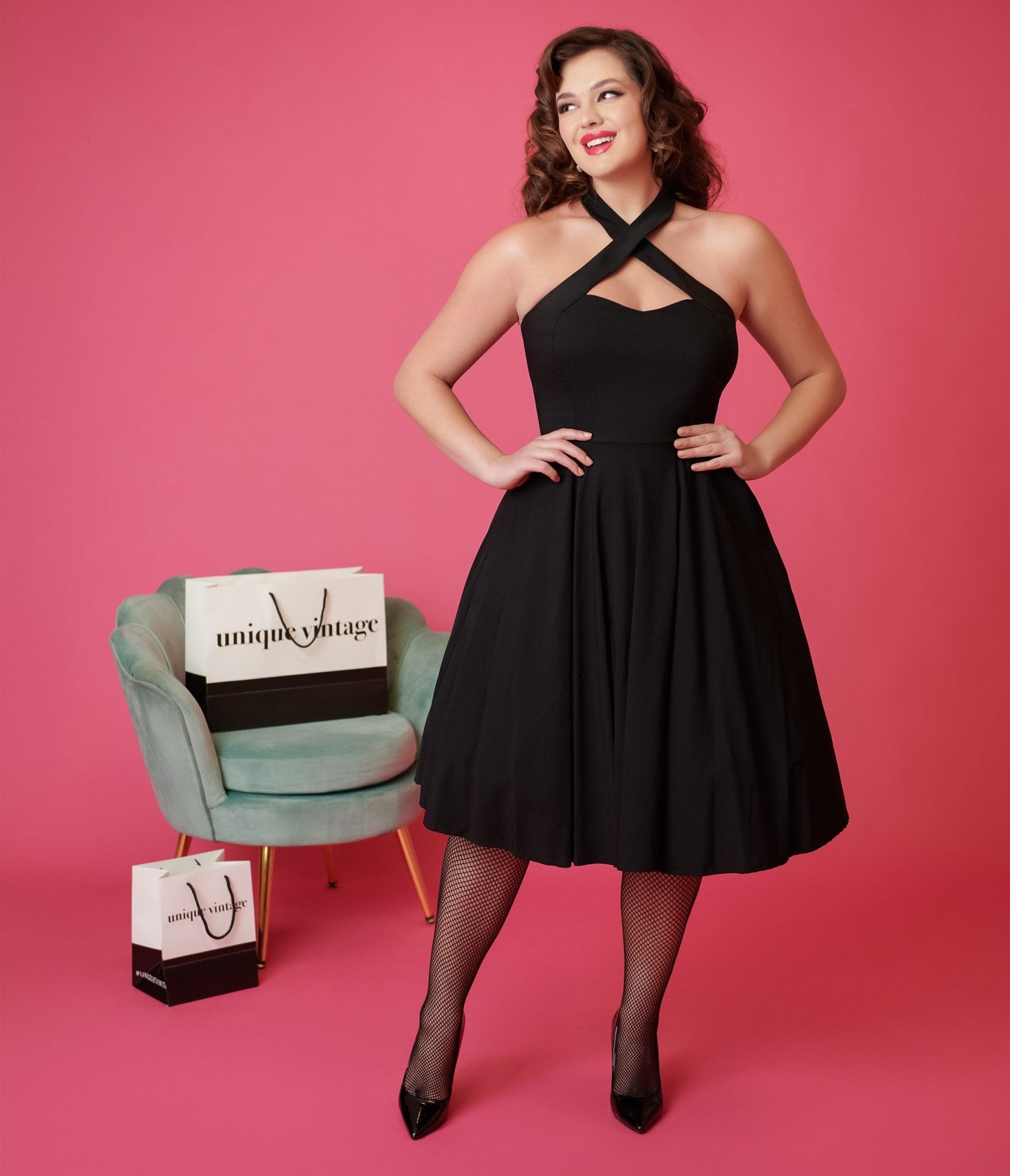 Vintage Black Criss Cross Halter Rita Flare Dress - Retro Style Party & Cocktail Dress for Women, Perfect for Date Night & Special Occasions