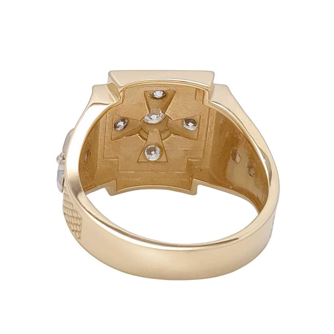 14K Gold Square Christian Men's Signet Ring with Jerusalem Cross & Fleurs de Lis Design - Religious Jewelry Gift for Baptism, Confirmation & Weddings